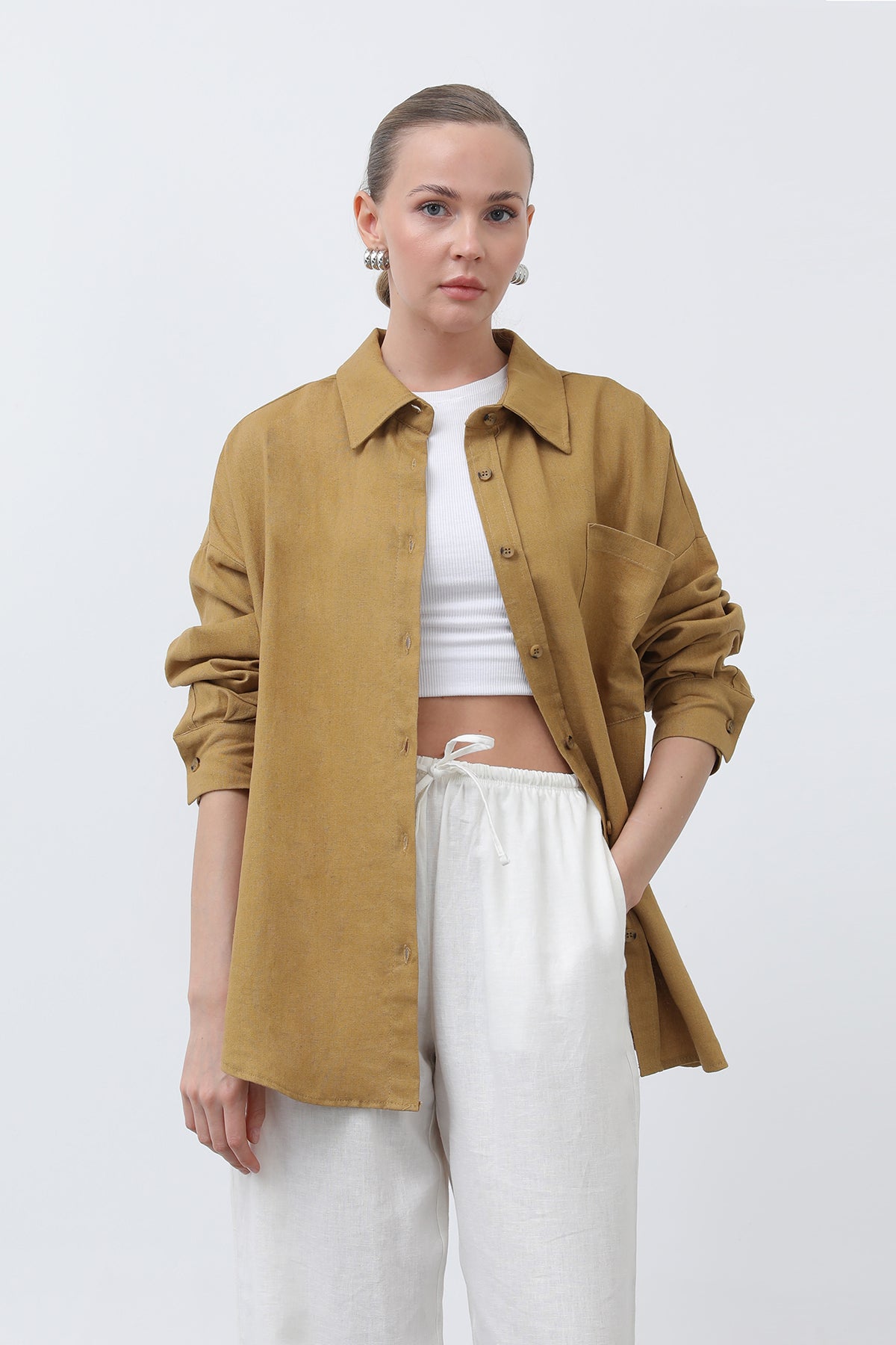 Kadın Basic Keten Gömlek - 32307GML OLIVE
