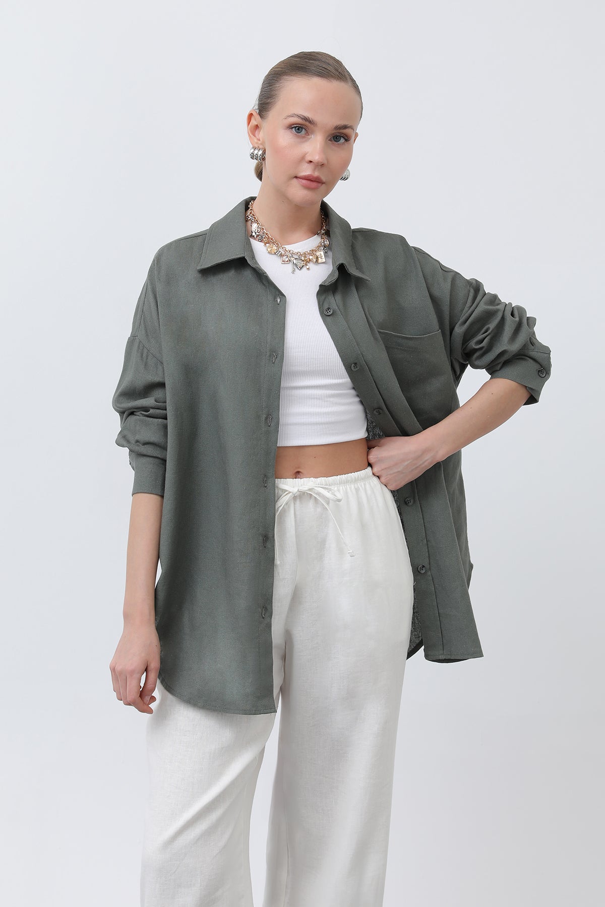 Kadın Basic Keten Gömlek - 32307GML KHAKI