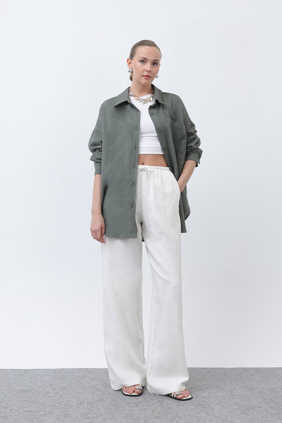 Kadın Basic Keten Gömlek - 32307GML KHAKI