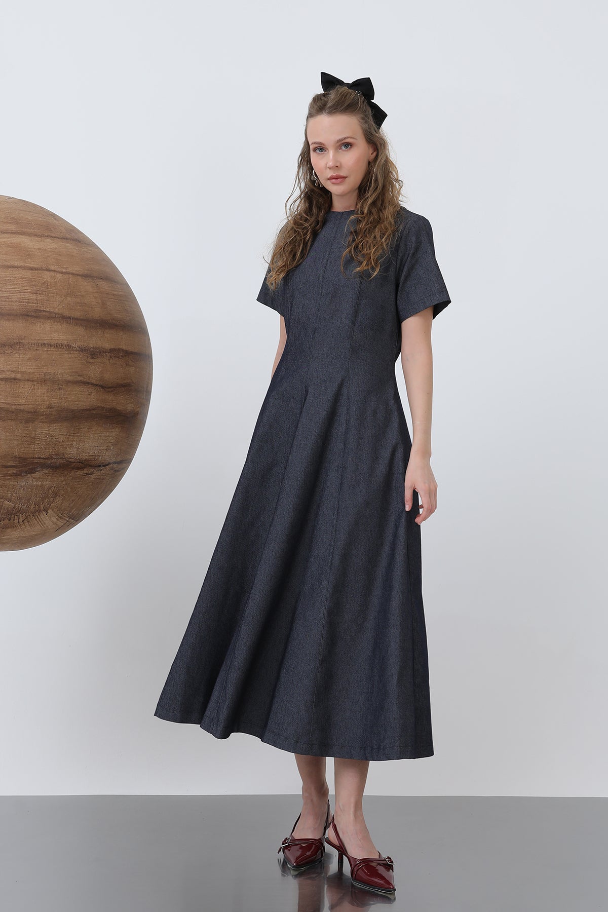 Kadın Denim Açılımlı Midi Elbise - 32308ELB NAVY