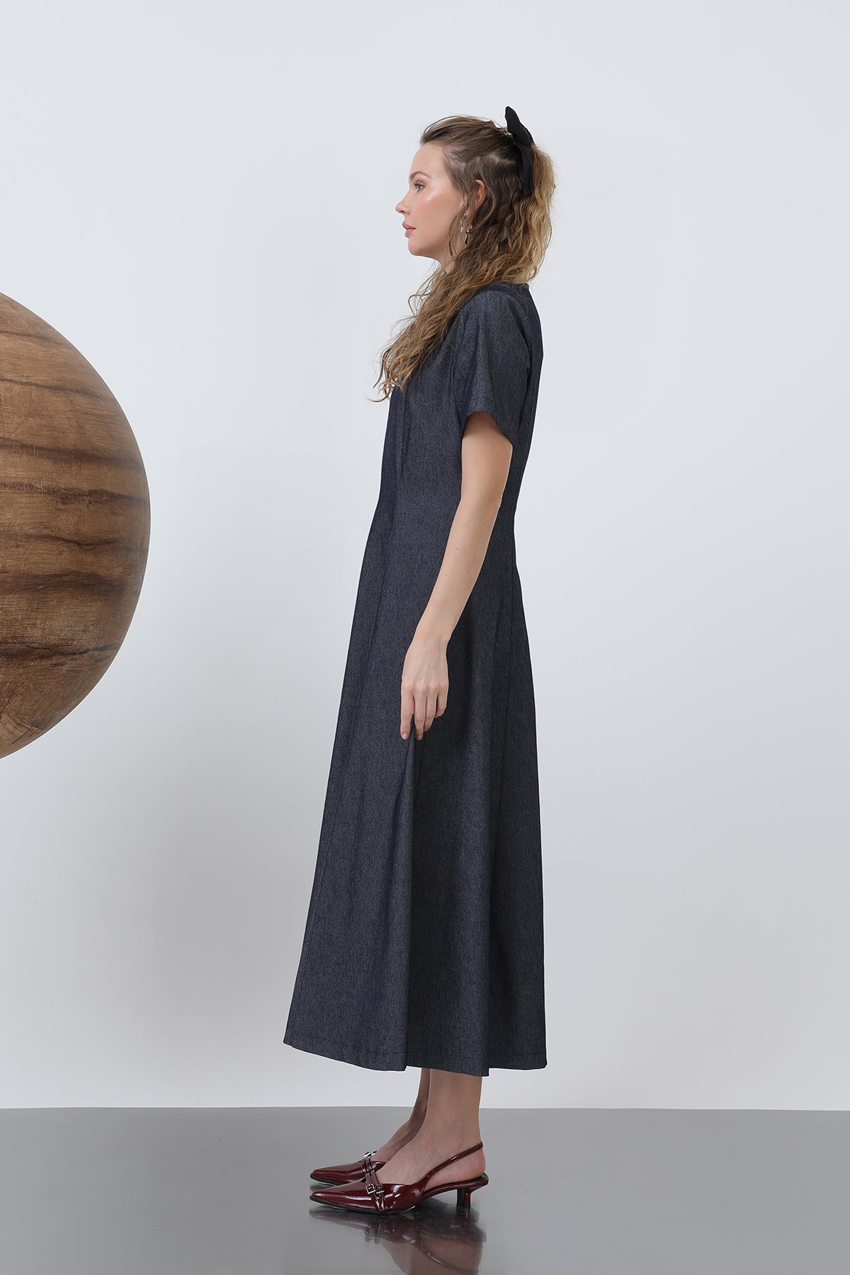 Kadın Denim Açılımlı Midi Elbise - 32308ELB NAVY