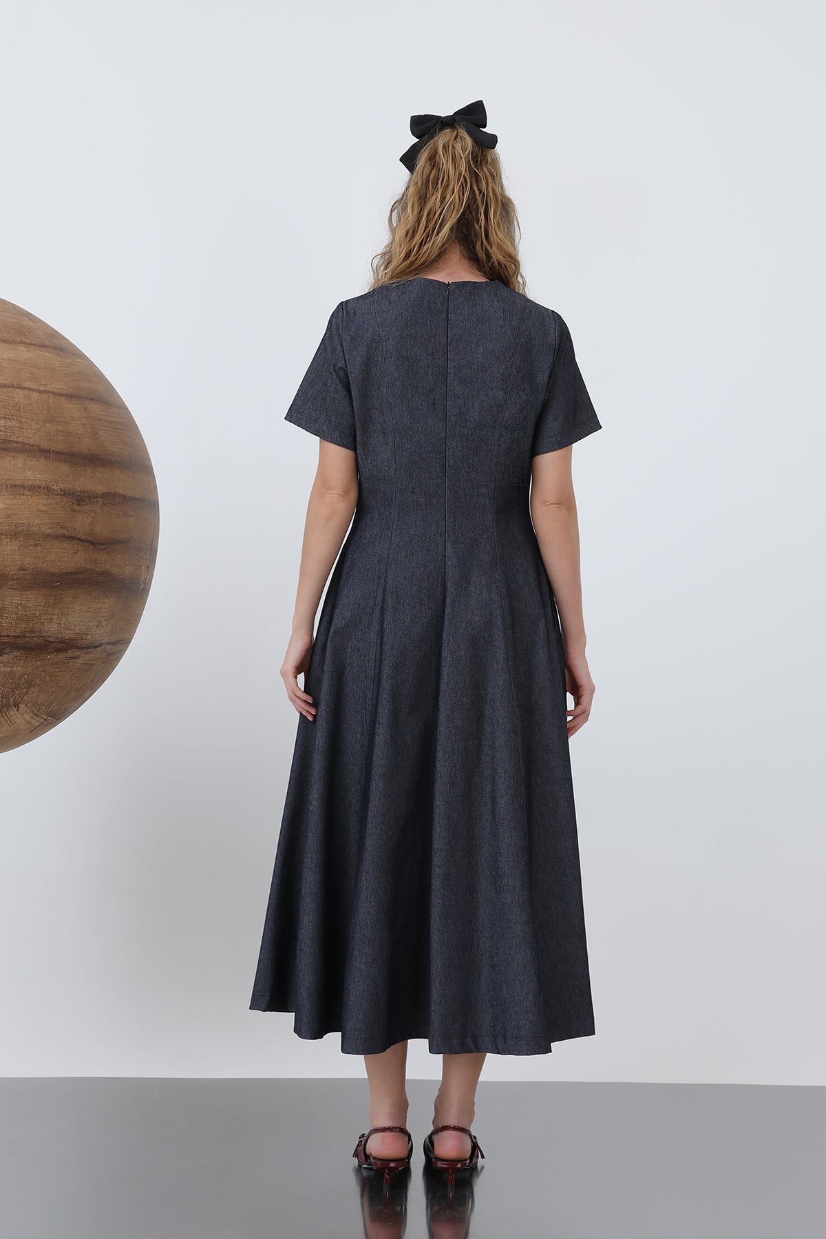 Kadın Denim Açılımlı Midi Elbise - 32308ELB NAVY