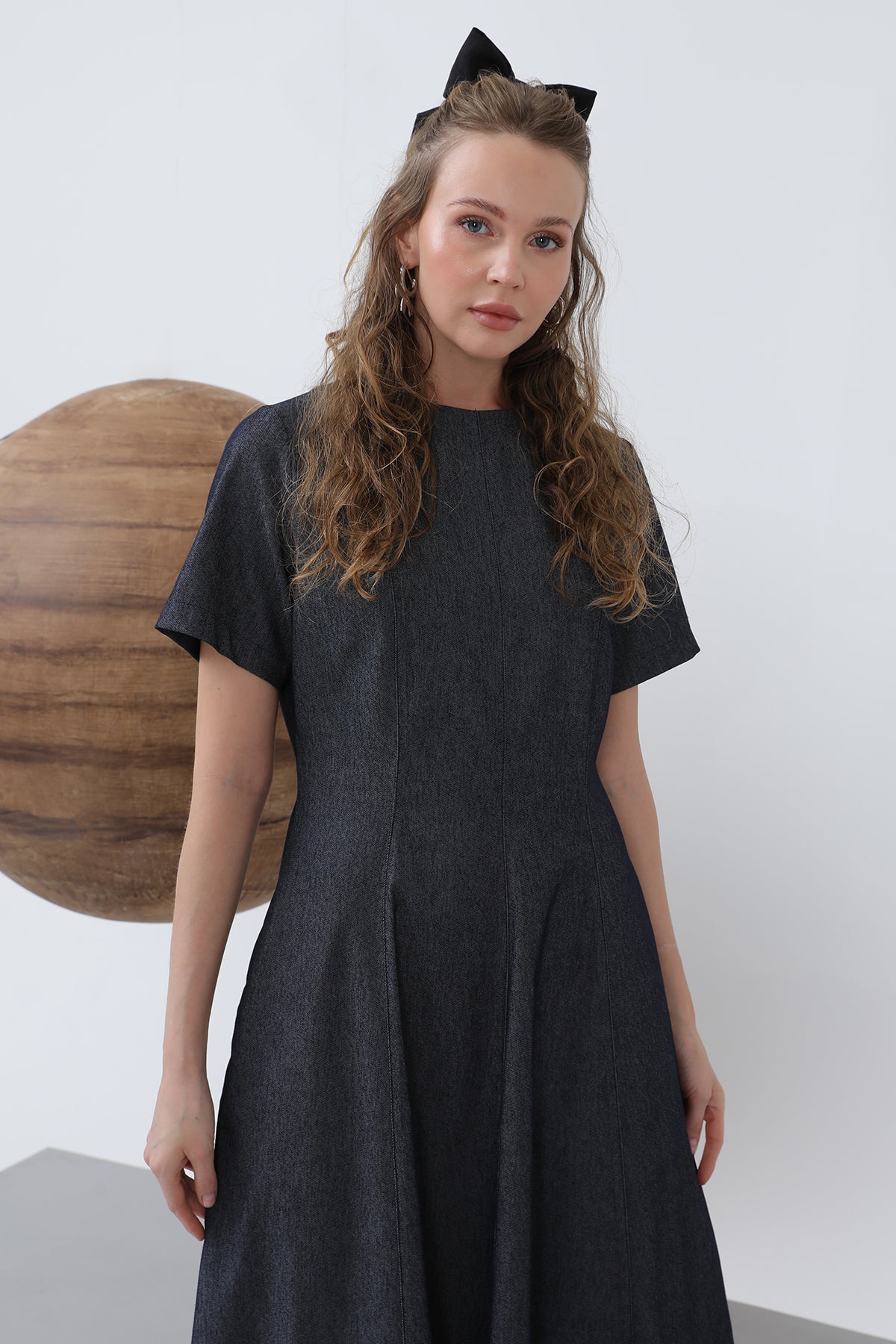 Kadın Denim Açılımlı Midi Elbise - 32308ELB NAVY