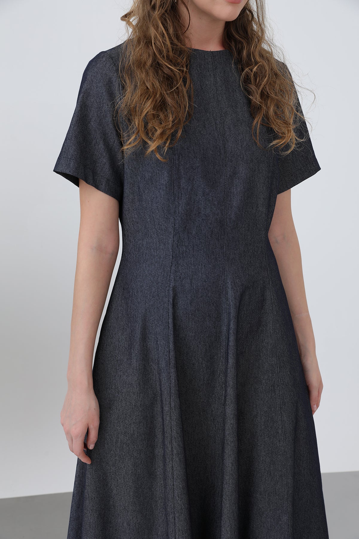 Kadın Denim Açılımlı Midi Elbise - 32308ELB NAVY