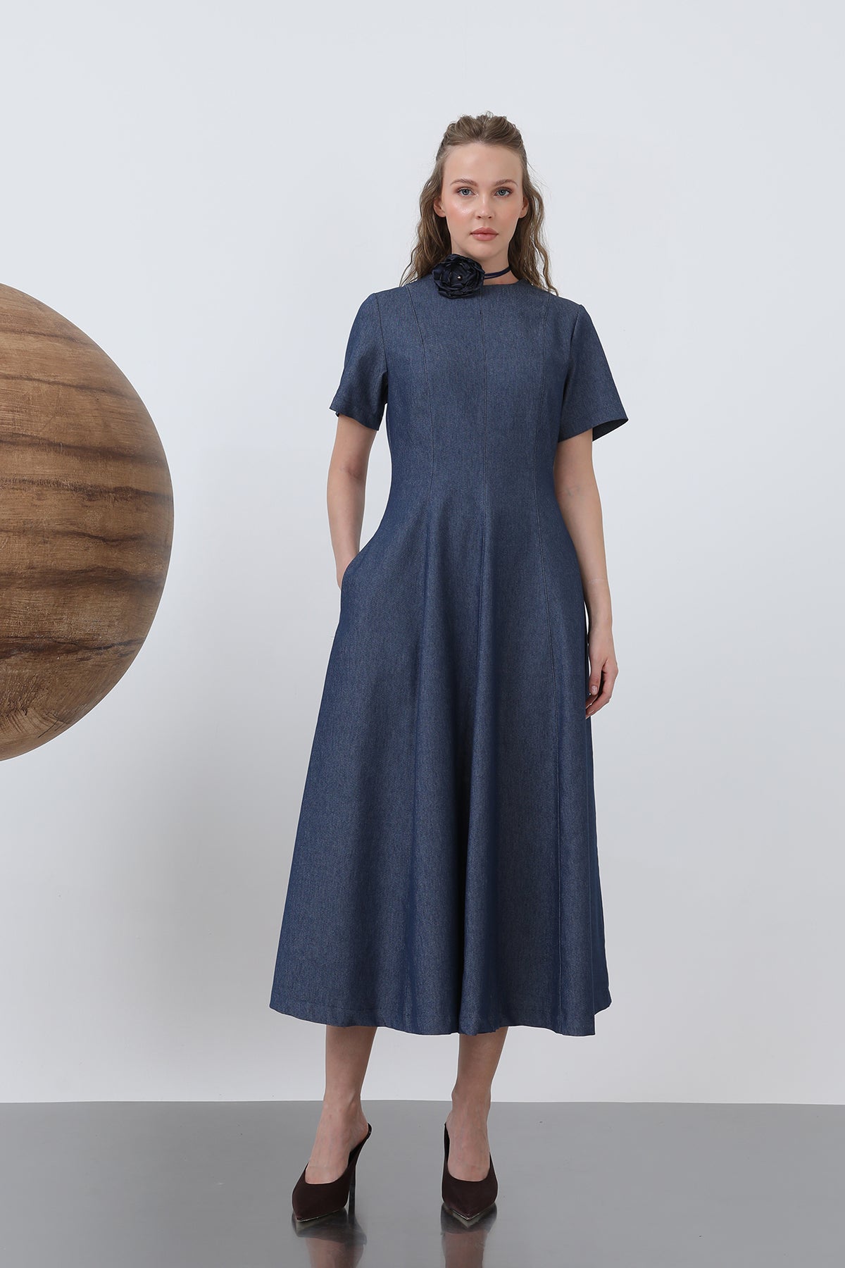 Kadın Denim Açılımlı Midi Elbise - 32308ELB BLUE