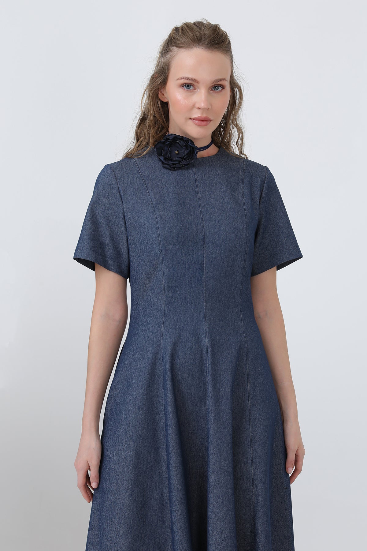 Kadın Denim Açılımlı Midi Elbise - 32308ELB BLUE