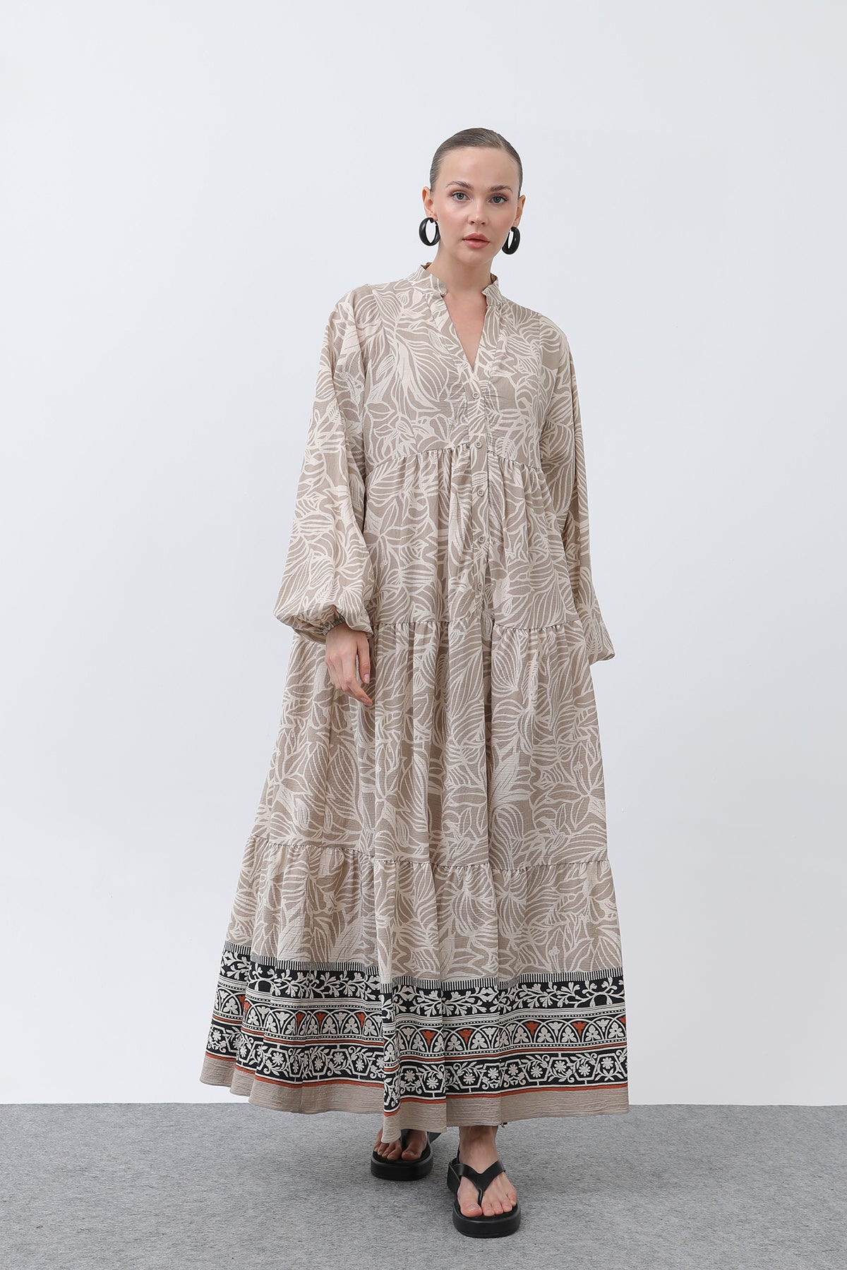 Kadın Desenli Elbise - 32311ELB BEIGE