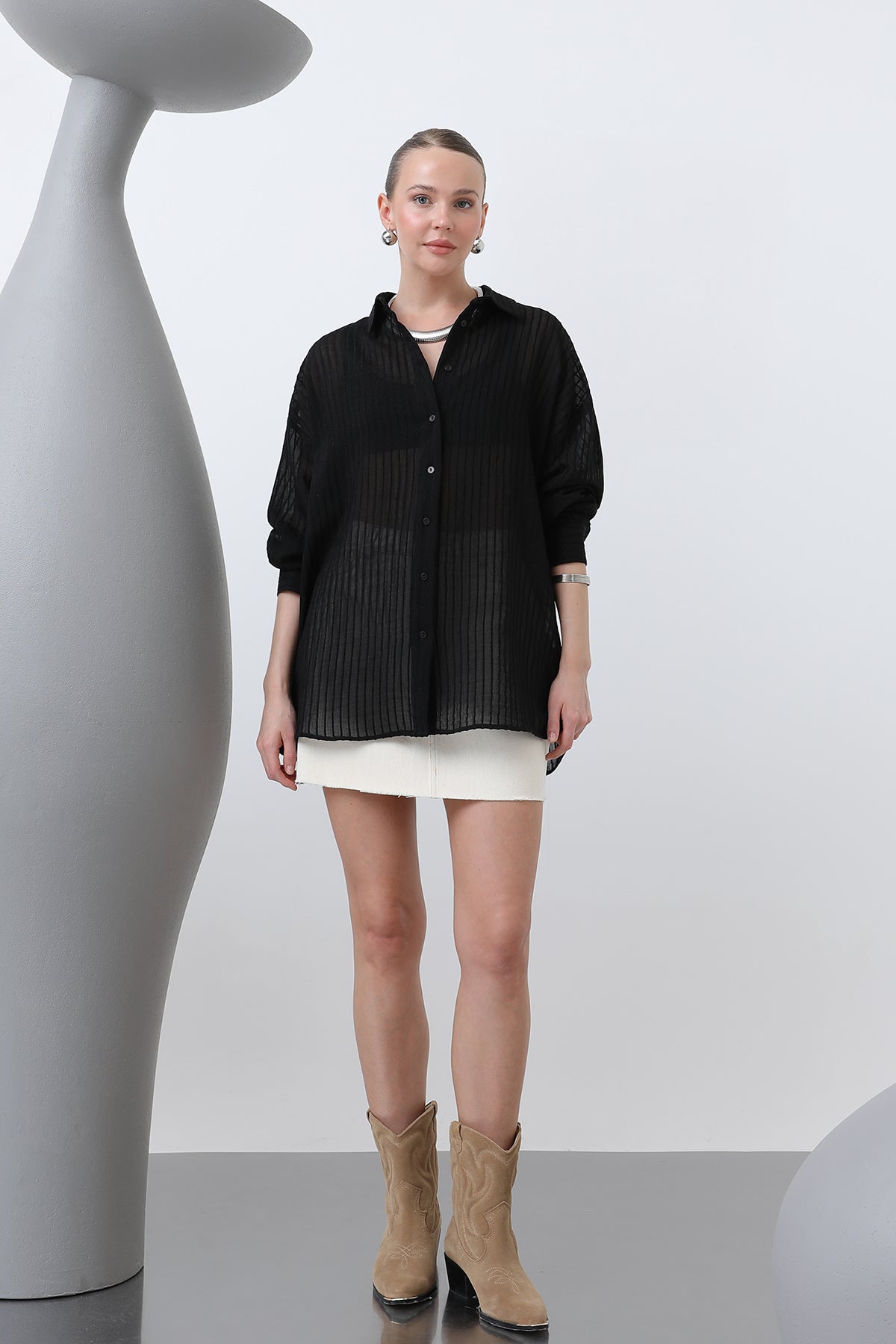 Kadın Çizgili Gömlek - 32320GML BLACK
