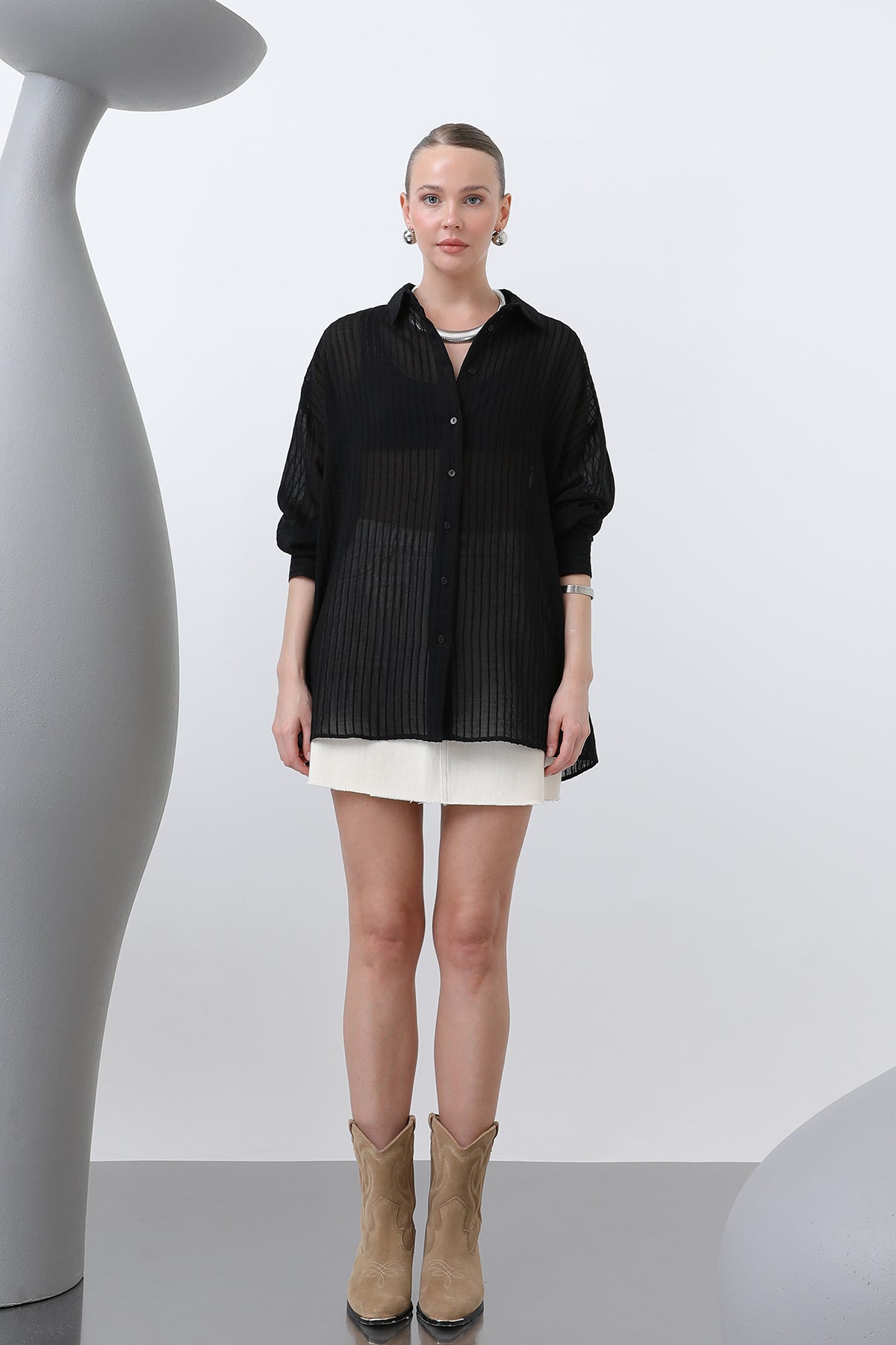 Kadın Çizgili Gömlek - 32320GML BLACK