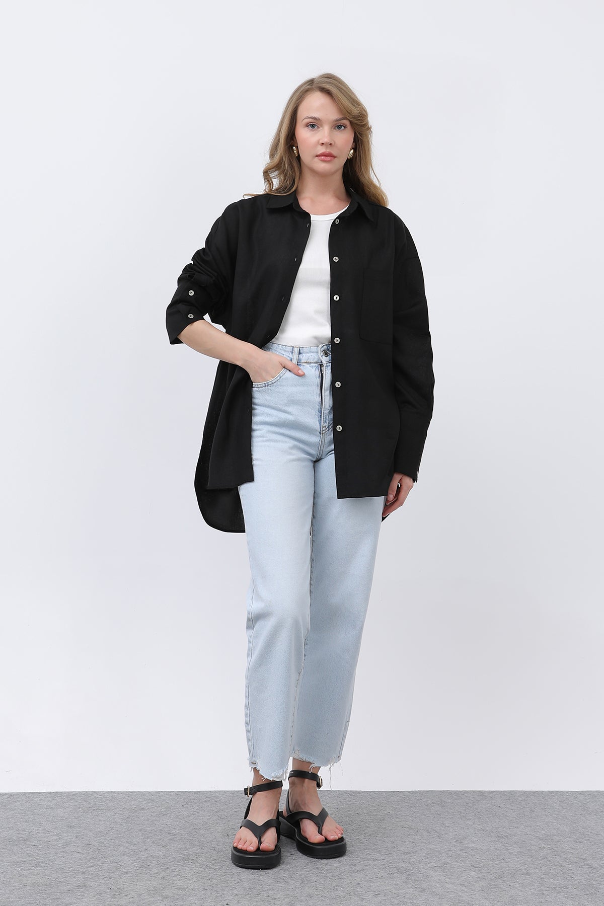 Kadın Basic Keten Gömlek - 32328GML BLACK