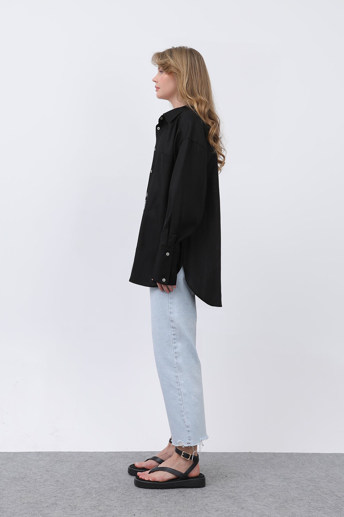 Kadın Basic Keten Gömlek - 32328GML BLACK