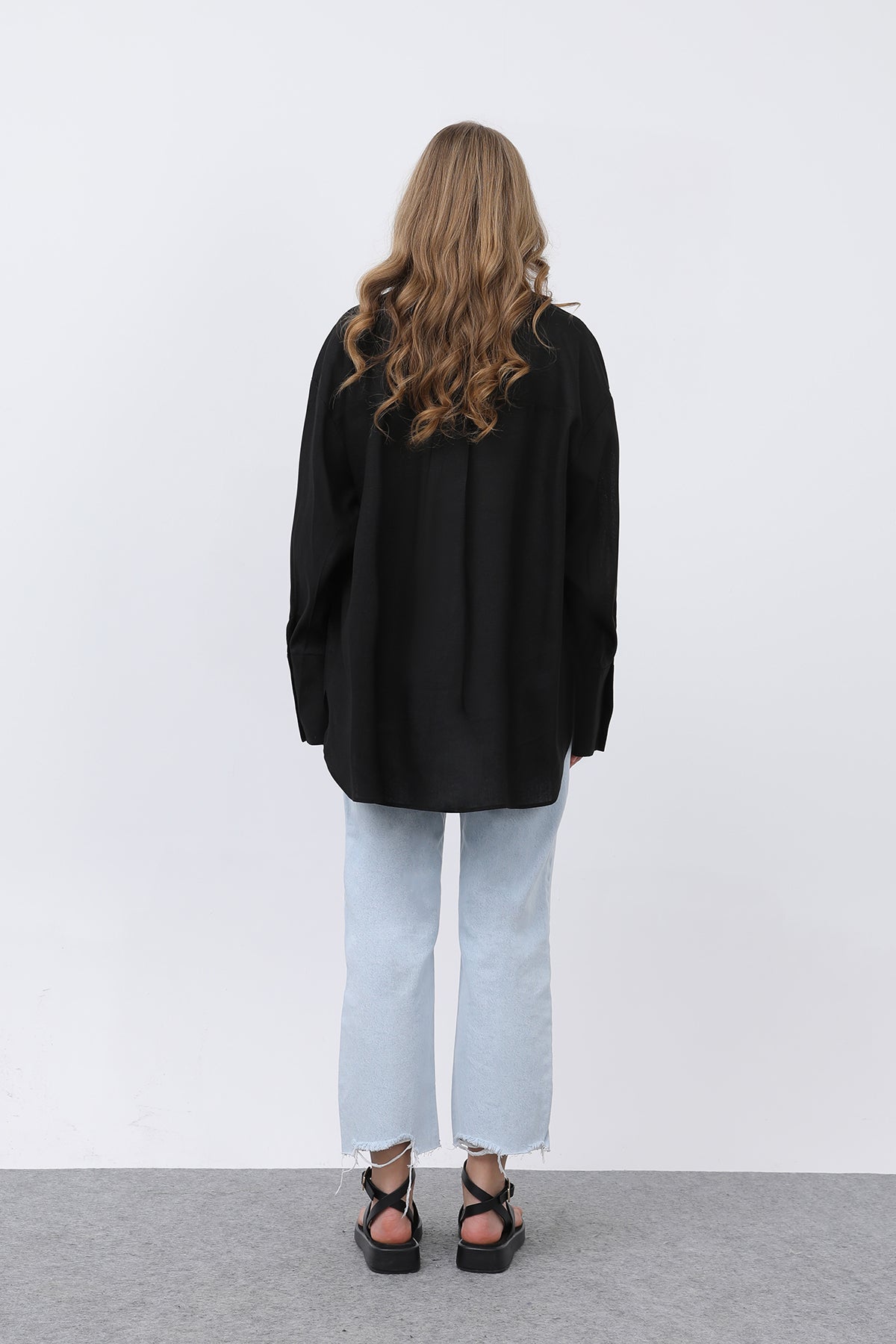 Kadın Basic Keten Gömlek - 32328GML BLACK