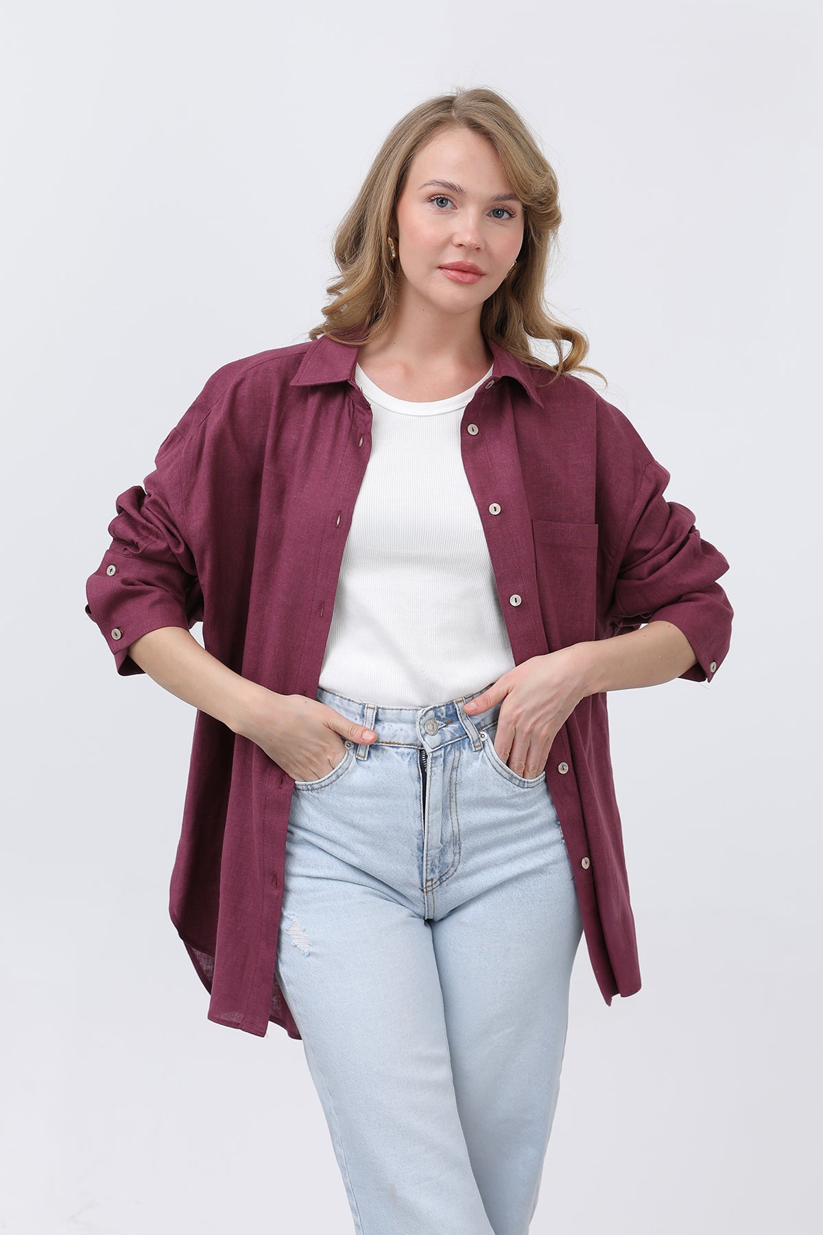 Kadın Basic Keten Gömlek - 32328GML PLUM