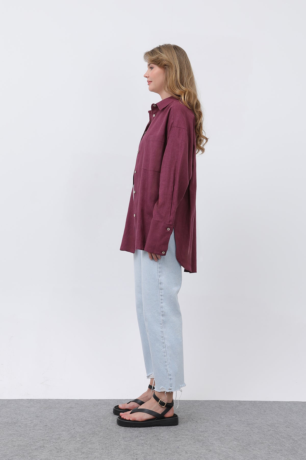 Kadın Basic Keten Gömlek - 32328GML PLUM
