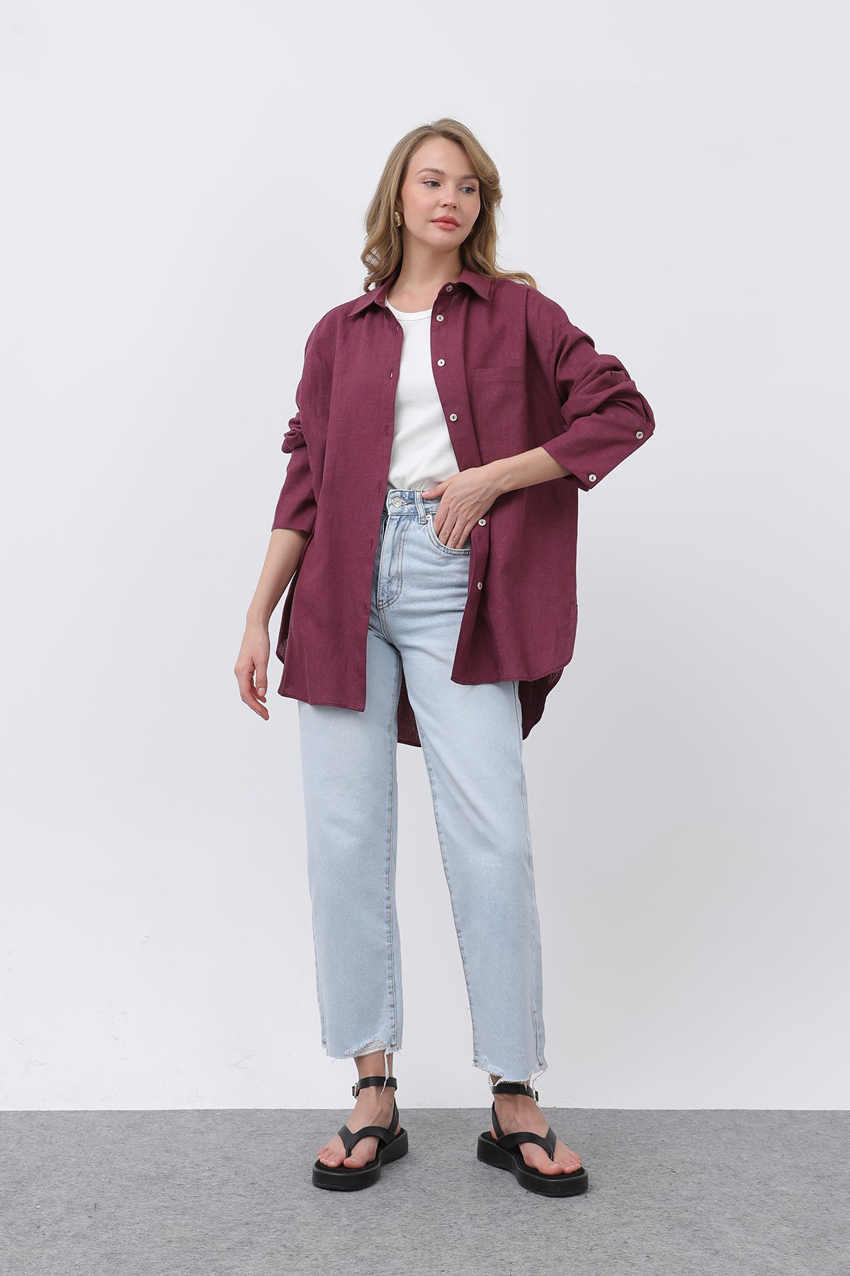 Kadın Basic Keten Gömlek - 32328GML PLUM