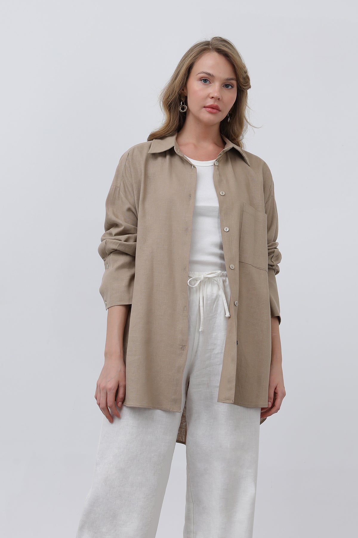 Kadın Basic Keten Gömlek - 32328GML MINK