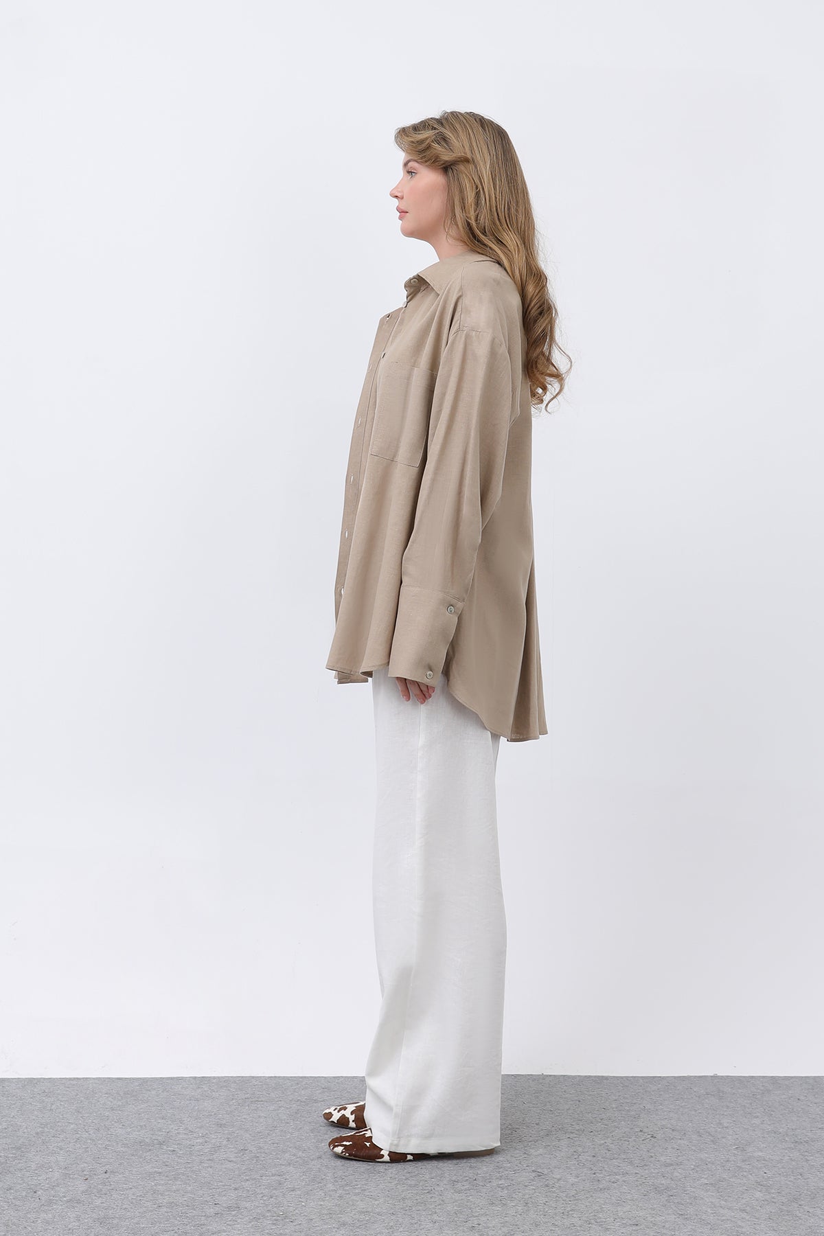 Kadın Basic Keten Gömlek - 32328GML MINK