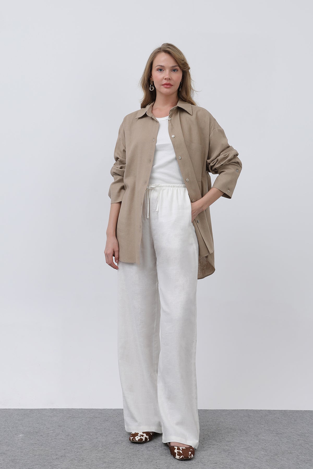 Kadın Basic Keten Gömlek - 32328GML MINK