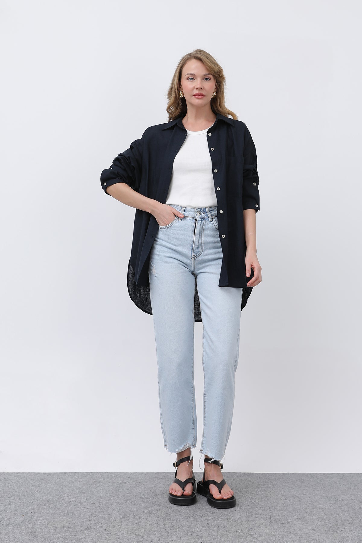 Kadın Basic Keten Gömlek - 32328GML NAVY