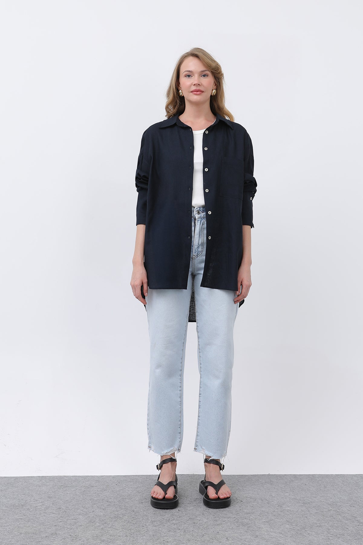Kadın Basic Keten Gömlek - 32328GML NAVY