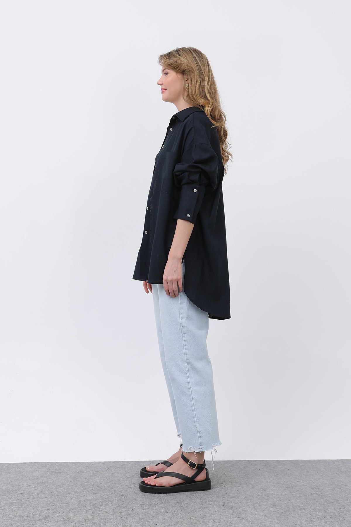 Kadın Basic Keten Gömlek - 32328GML NAVY