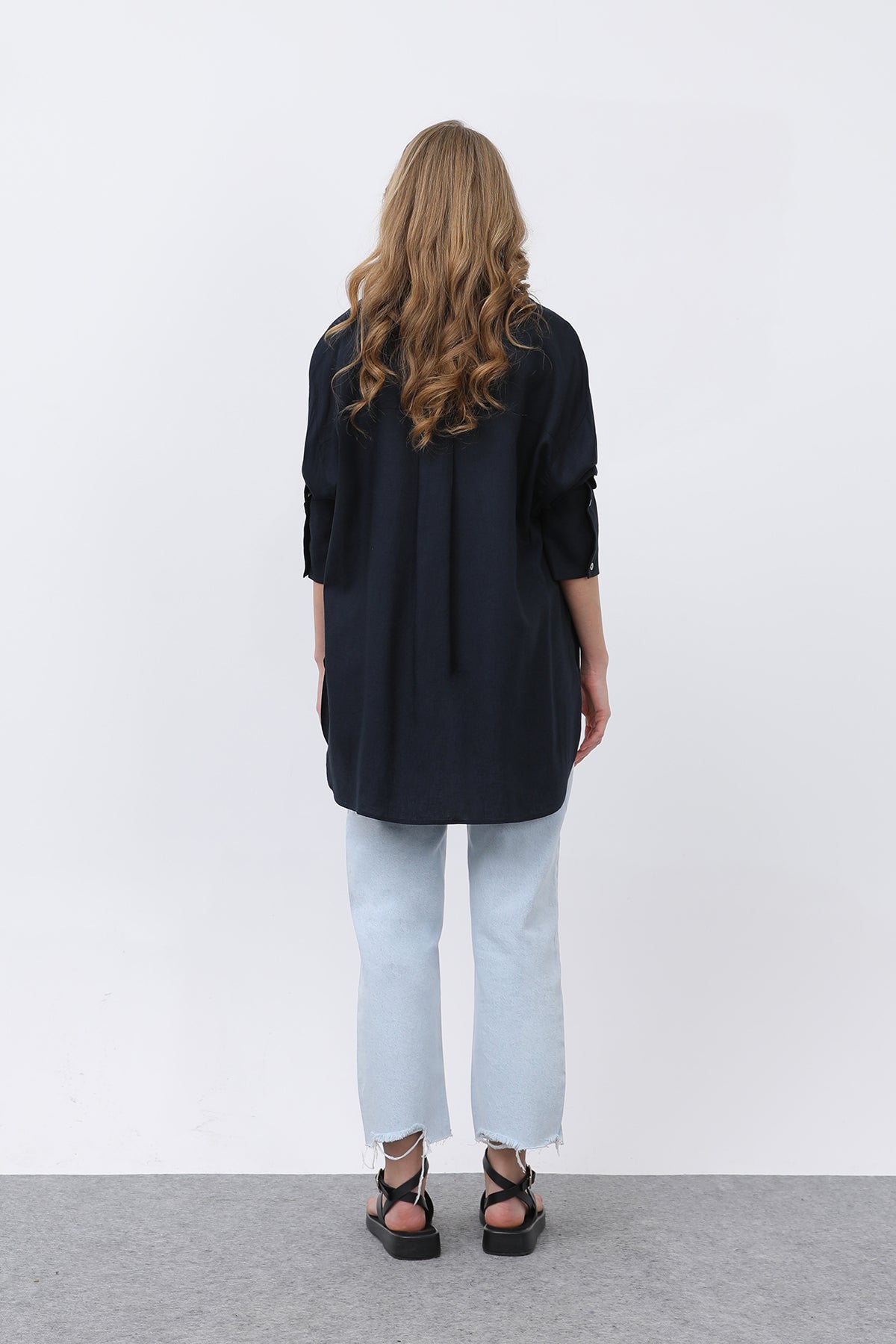 Kadın Basic Keten Gömlek - 32328GML NAVY