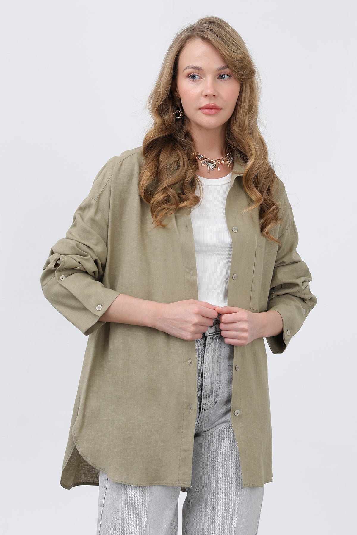 Kadın Basic Keten Gömlek - 32328GML KHAKI