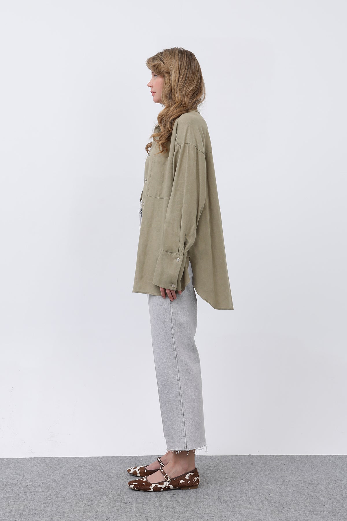 Kadın Basic Keten Gömlek - 32328GML KHAKI