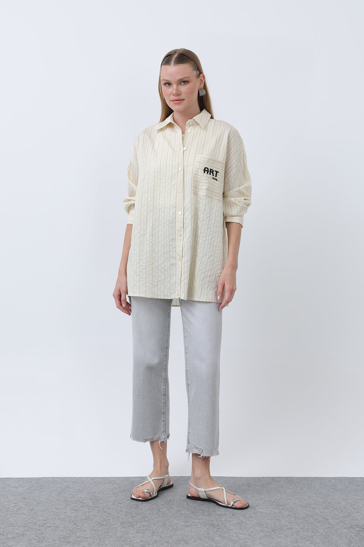 Kadın Çizgili Cebi Nakışlı Gömlek - 32329GML BEIGE-BLACK