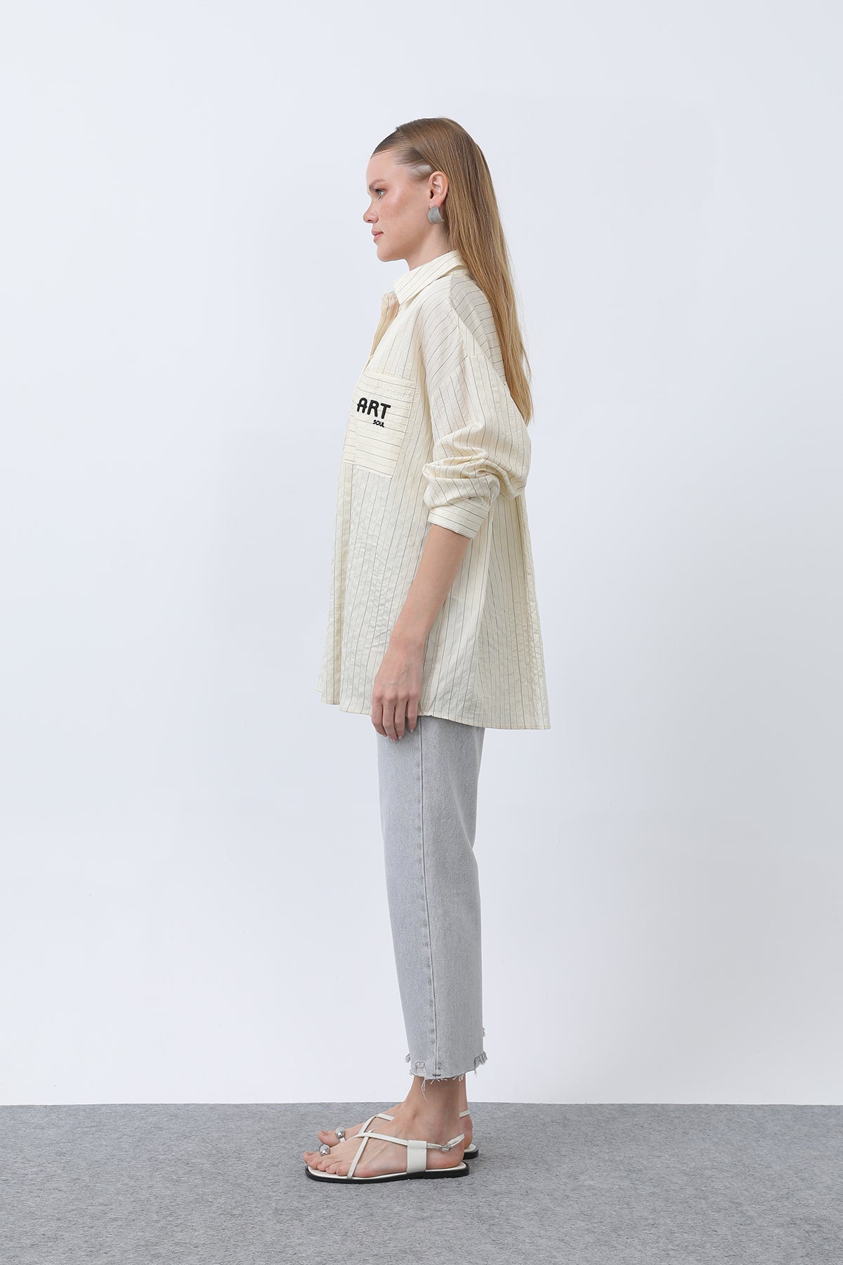 Kadın Çizgili Cebi Nakışlı Gömlek - 32329GML BEIGE-BLACK