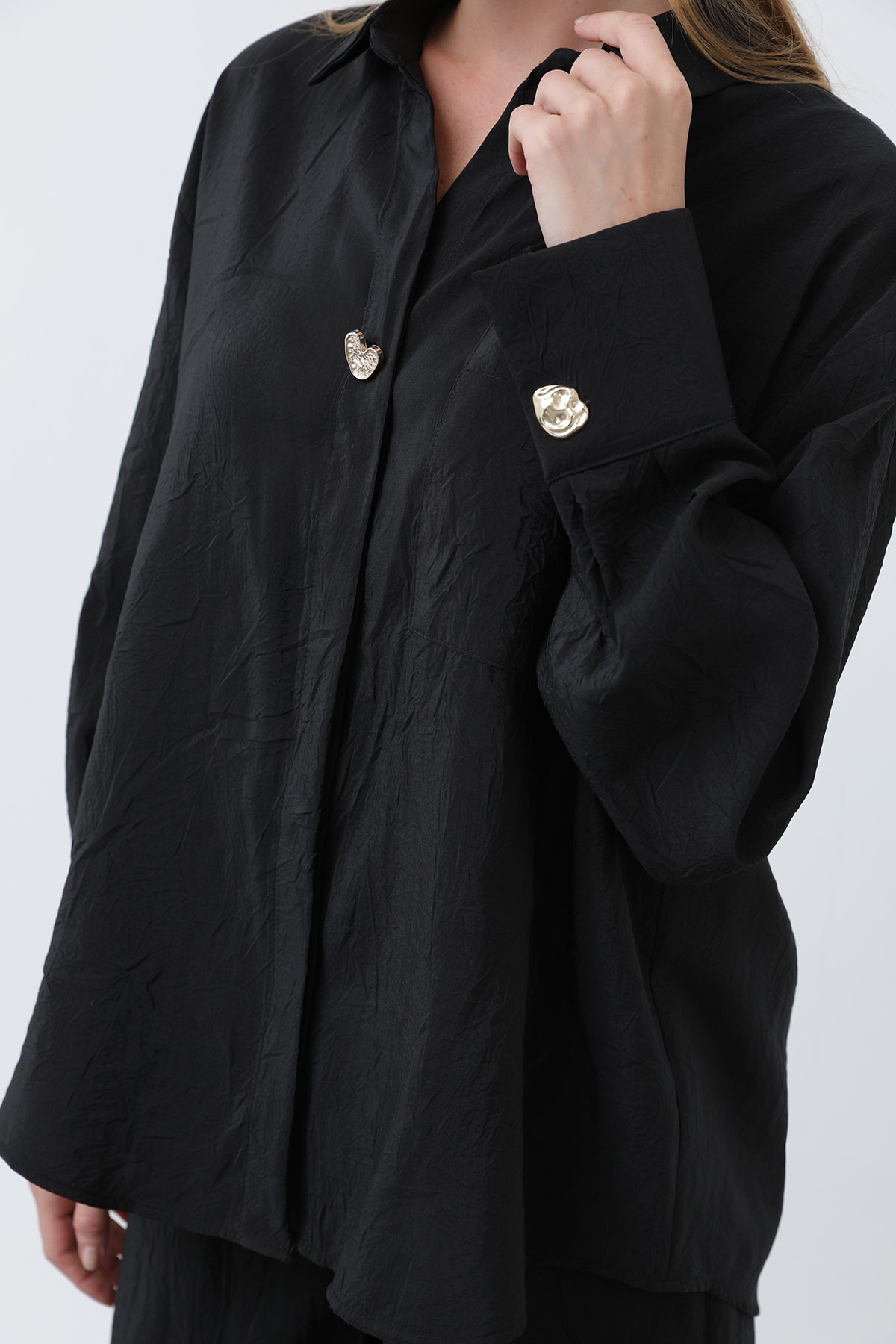 Kadın Düğme Detaylı Kraşlı Gömlek - 32333GML BLACK