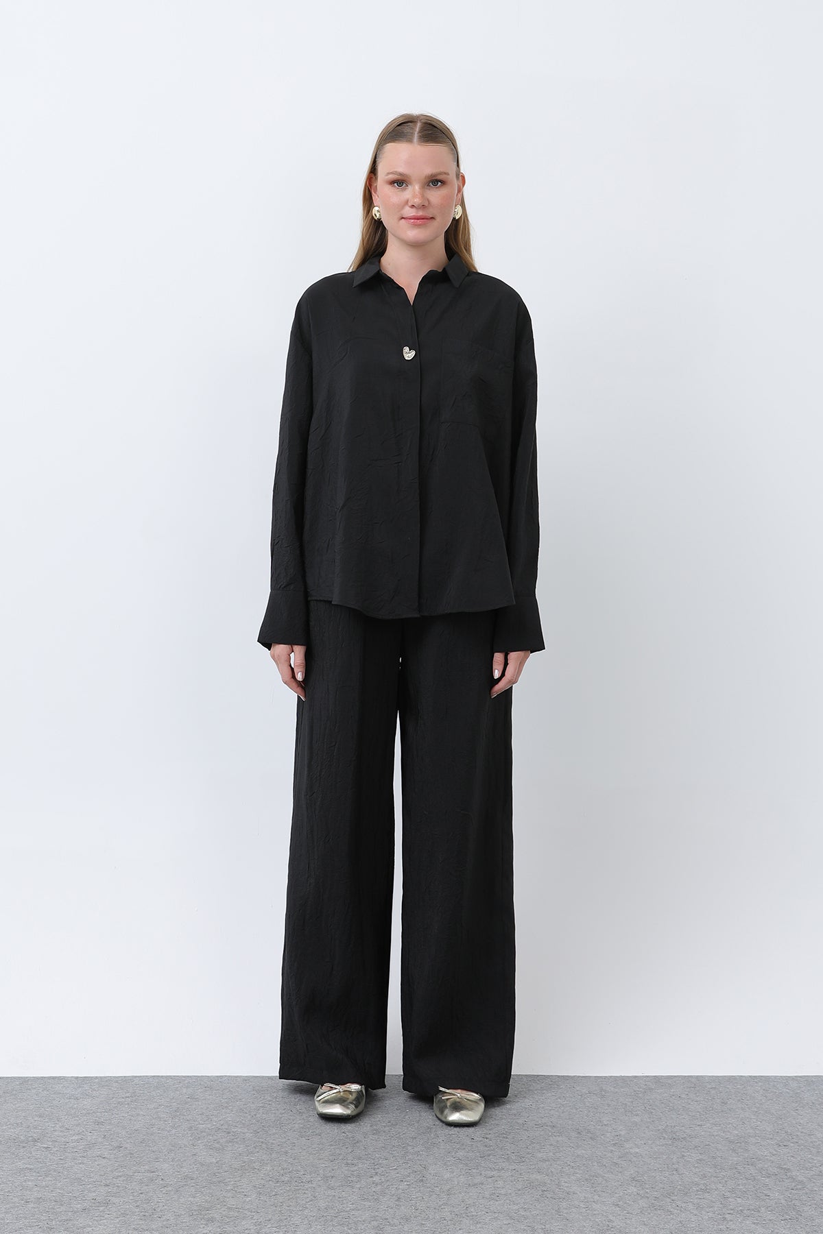 Kadın Düğme Detaylı Kraşlı Gömlek - 32333GML BLACK