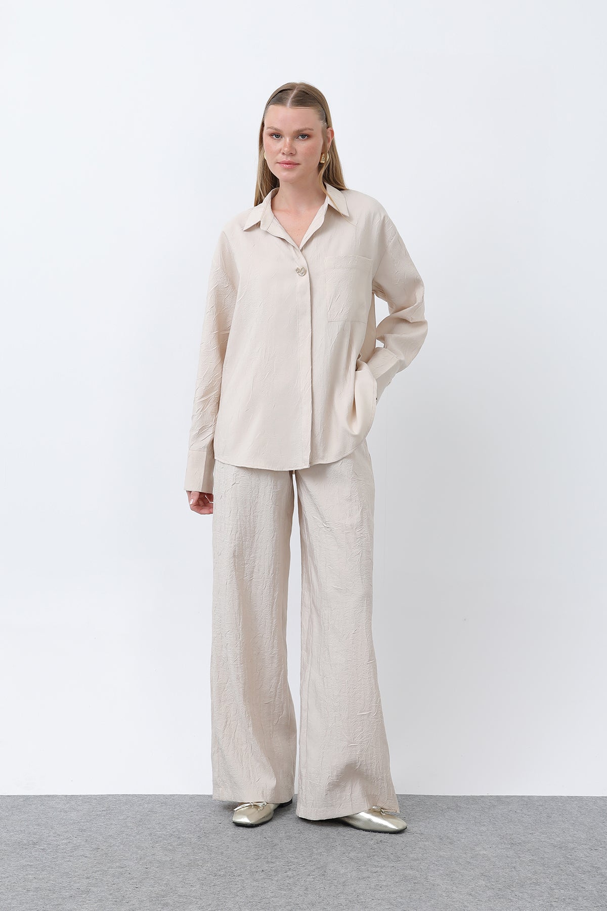 Kadın Düğme Detaylı Kraşlı Gömlek - 32333GML BEIGE