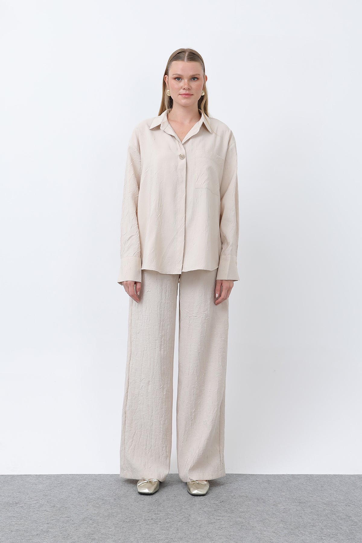 Kadın Düğme Detaylı Kraşlı Gömlek - 32333GML BEIGE
