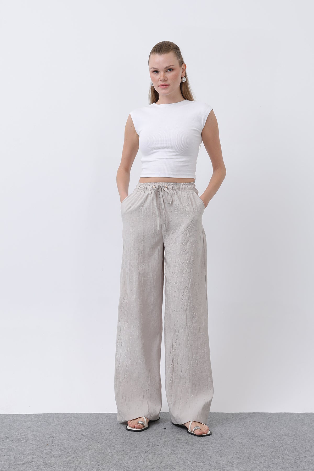 Kadın Belden Bağlamalı Pantolon - 32334PNT STONE