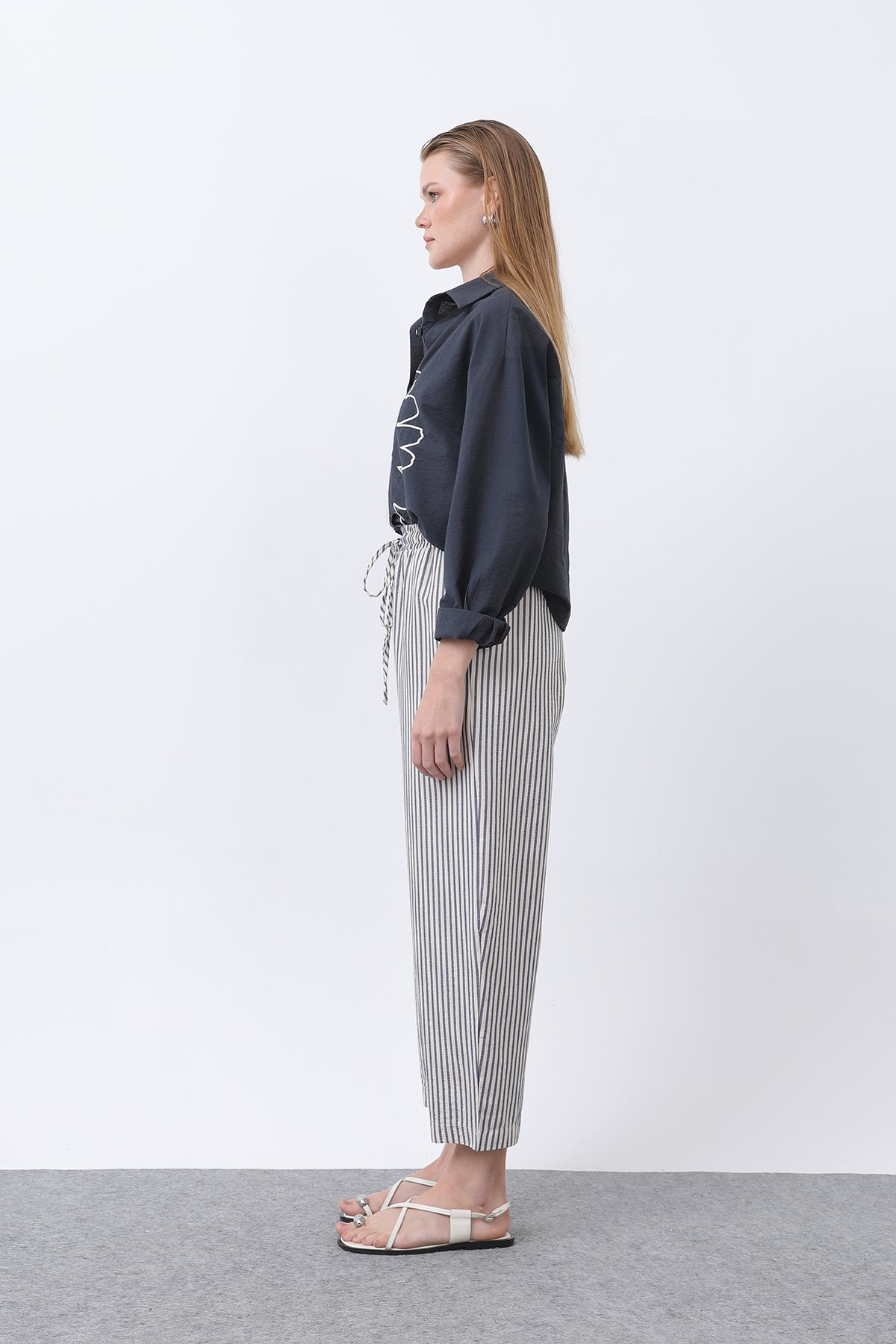 Kadın Çizgili Havuç Form Pantolon -32344PNT NAVY-BEIGE