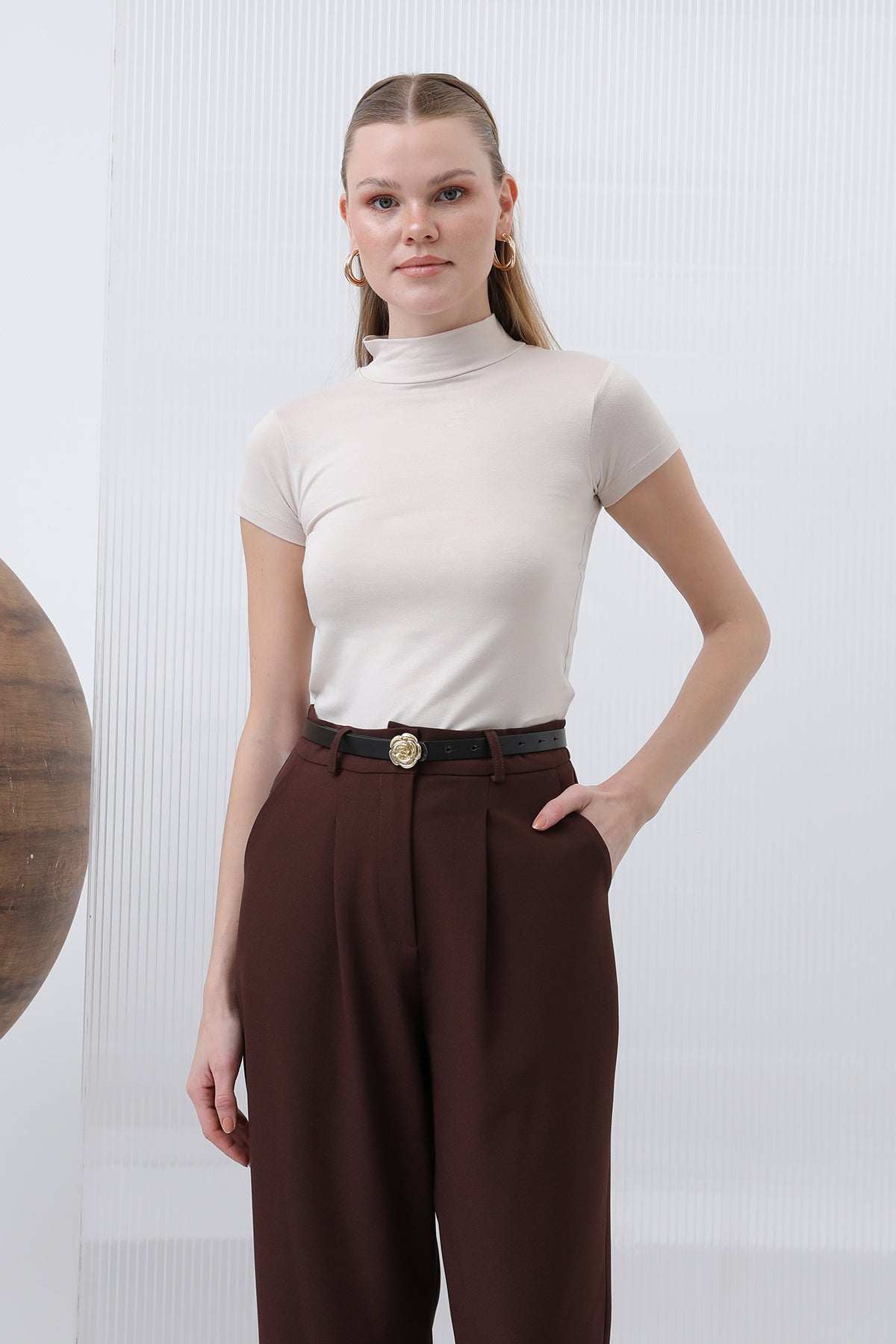 Kadın Kısa Kollu Boğazlı İçlik - 40004BLZ BEIGE