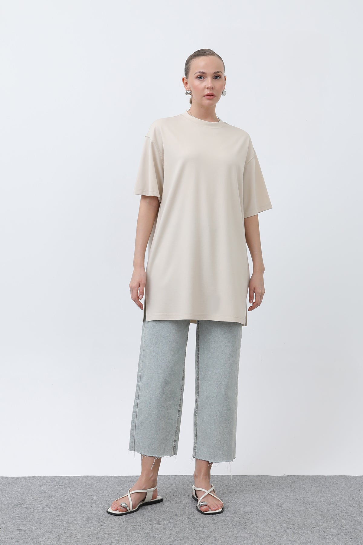Kadın Uzun Bol Kesim Tshirt - 40009TSH BEIGE