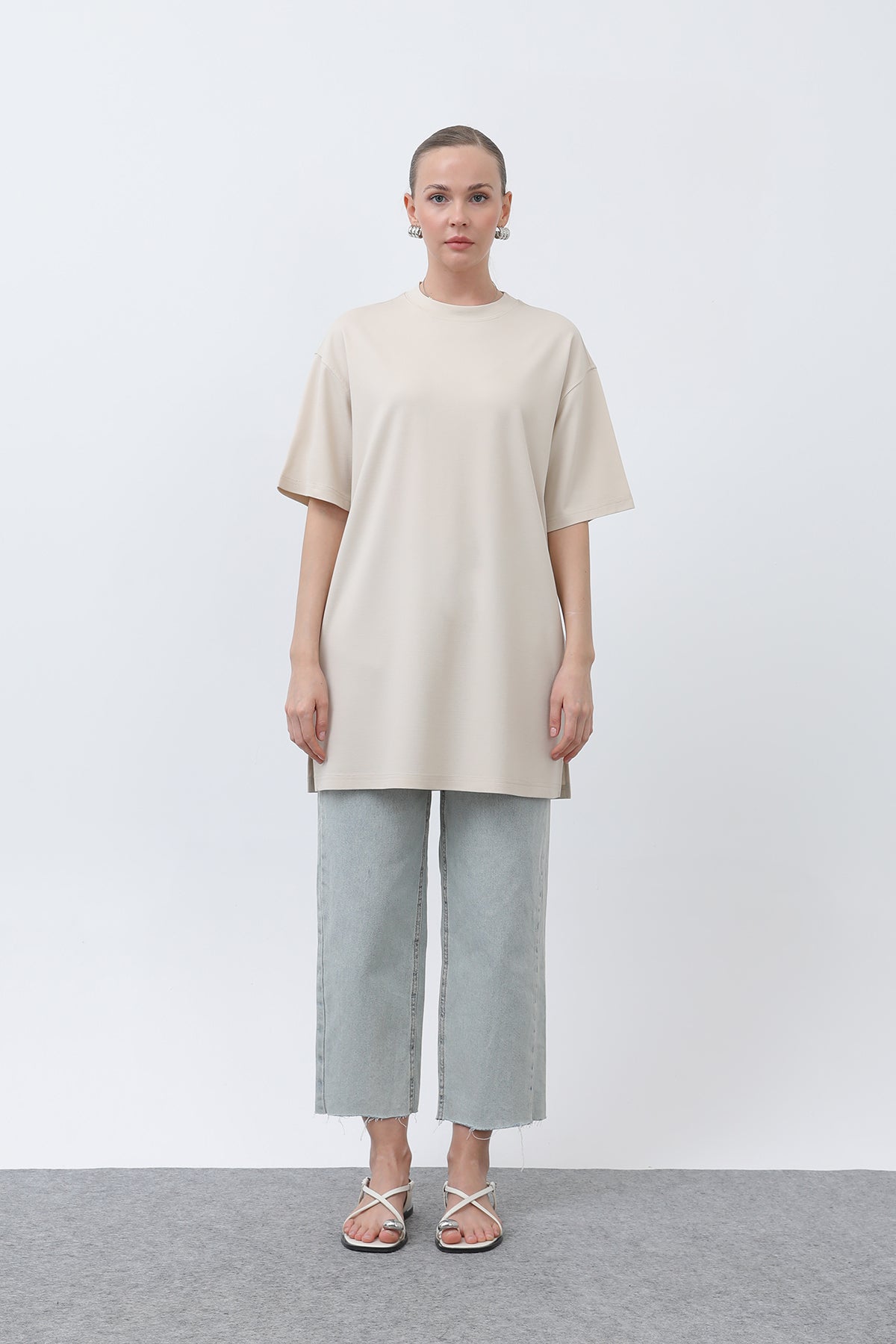 Kadın Uzun Bol Kesim Tshirt - 40009TSH BEIGE