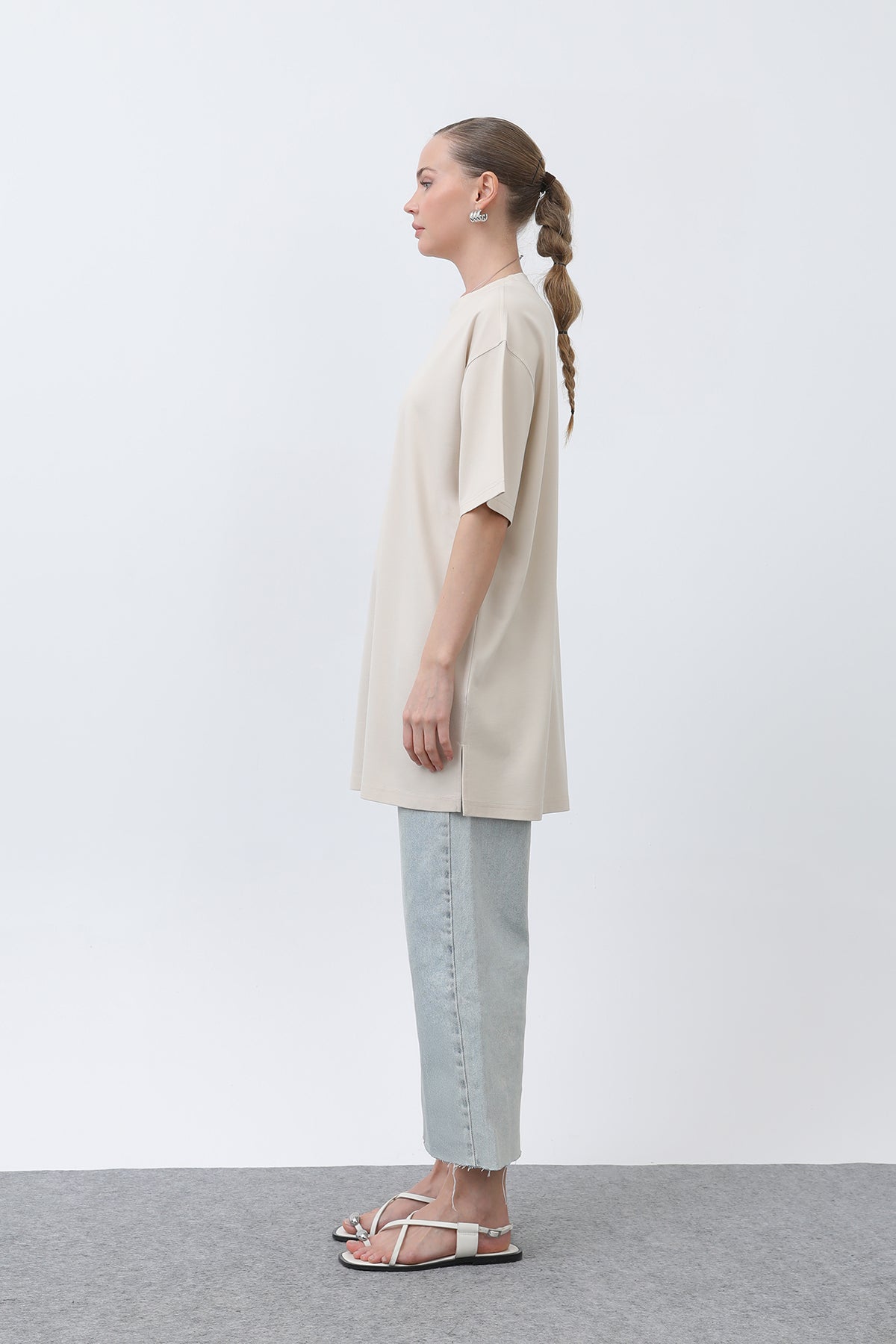 Kadın Uzun Bol Kesim Tshirt - 40009TSH BEIGE