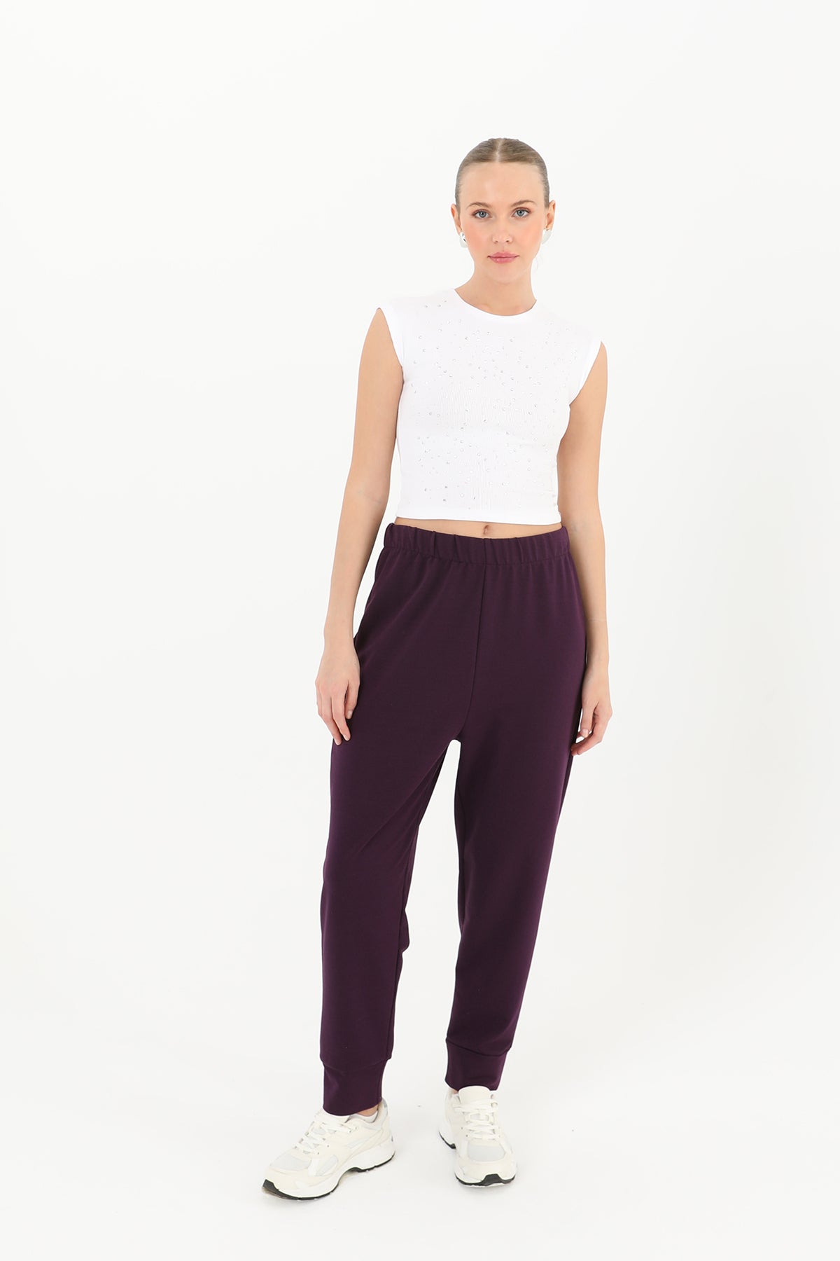 Kadın Ribana Detaylı Eşofman Altı - 30189PNT DARK PURPLE