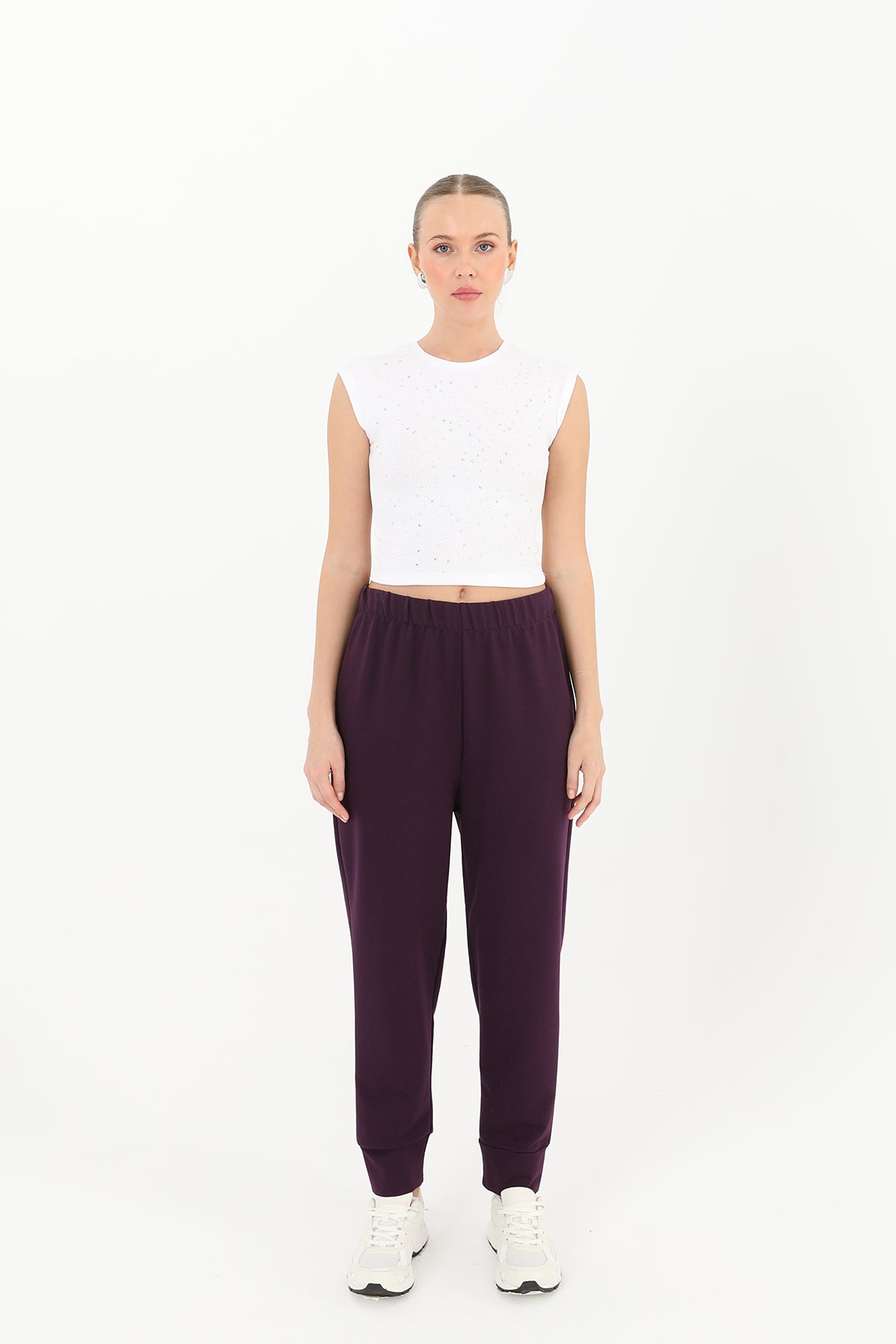 Kadın Ribana Detaylı Eşofman Altı - 30189PNT DARK PURPLE