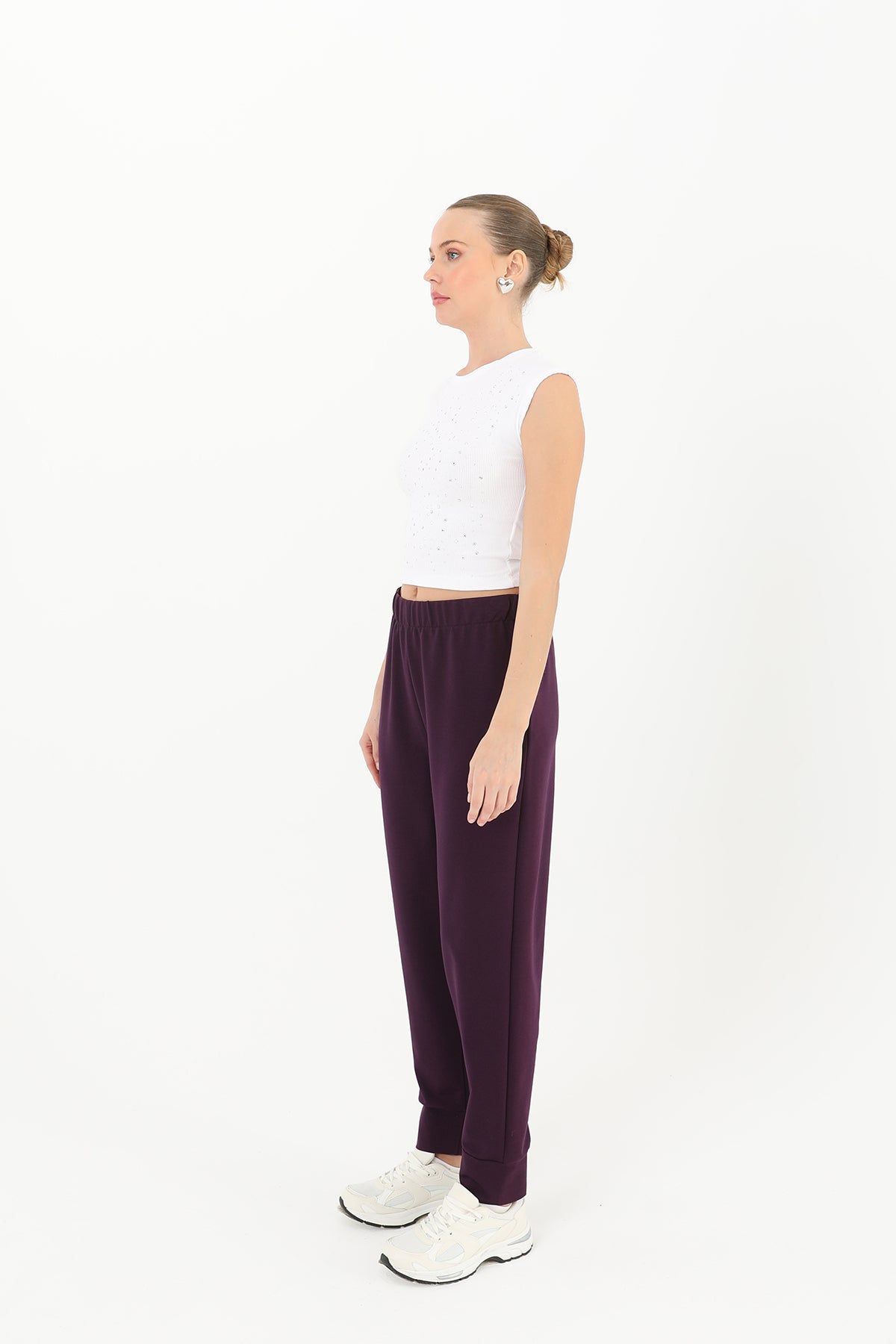 Kadın Ribana Detaylı Eşofman Altı - 30189PNT DARK PURPLE