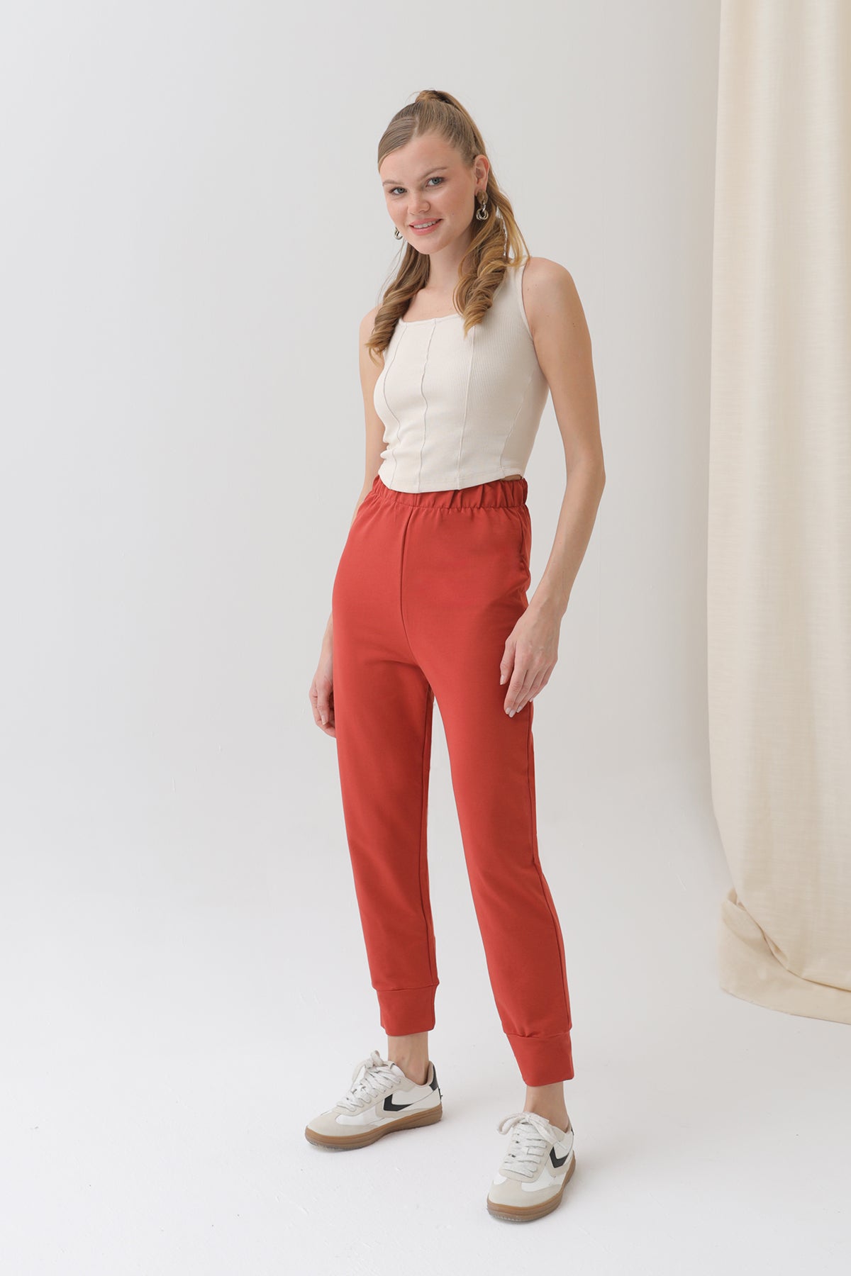 Kadın Ribana Detaylı Eşofman Altı - 30189PNT TILE RED
