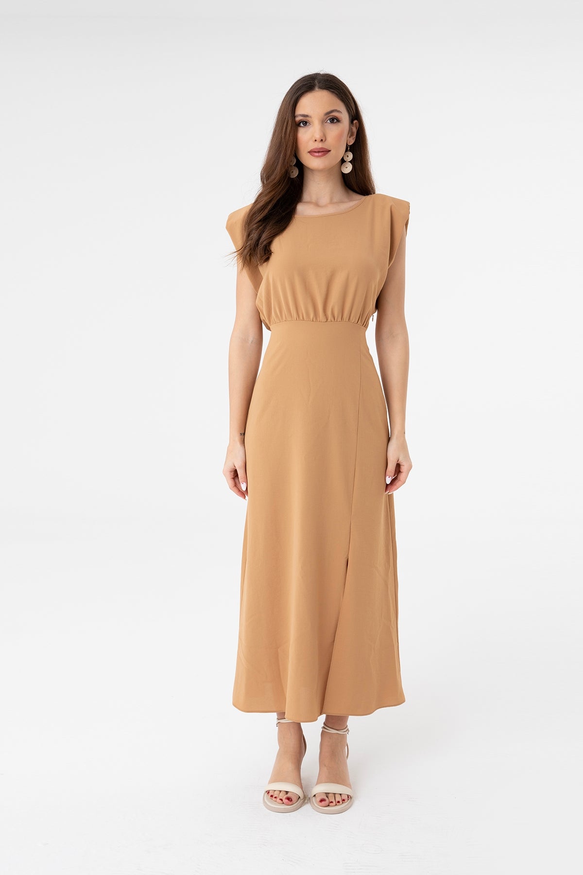 Kadın Slip Detaylı Midi Elbise - 31110ELB LATTE