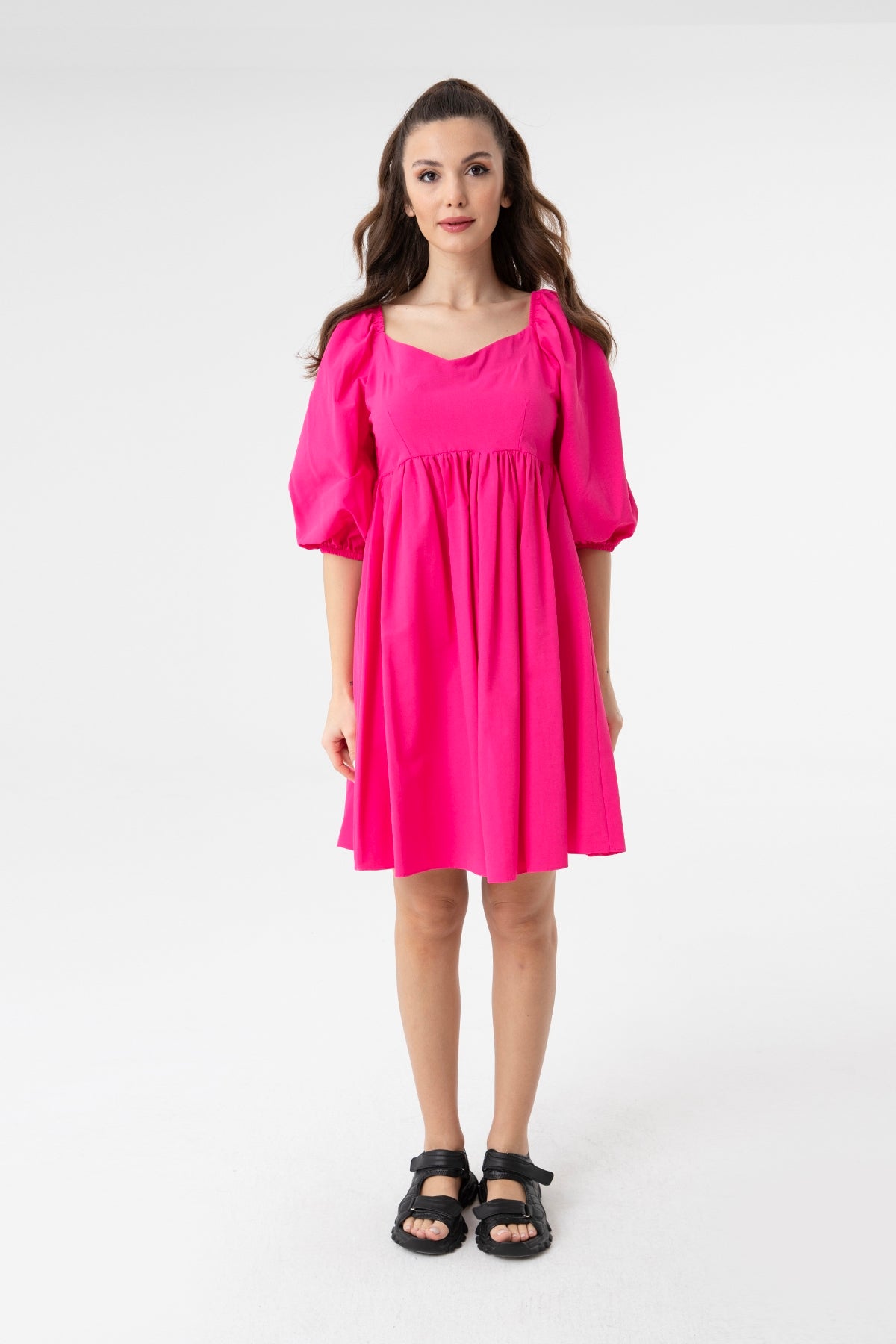 Kadın V Yaka Balon Kol Büzgülü Mini Elbise-31153ELB FUCHSIA