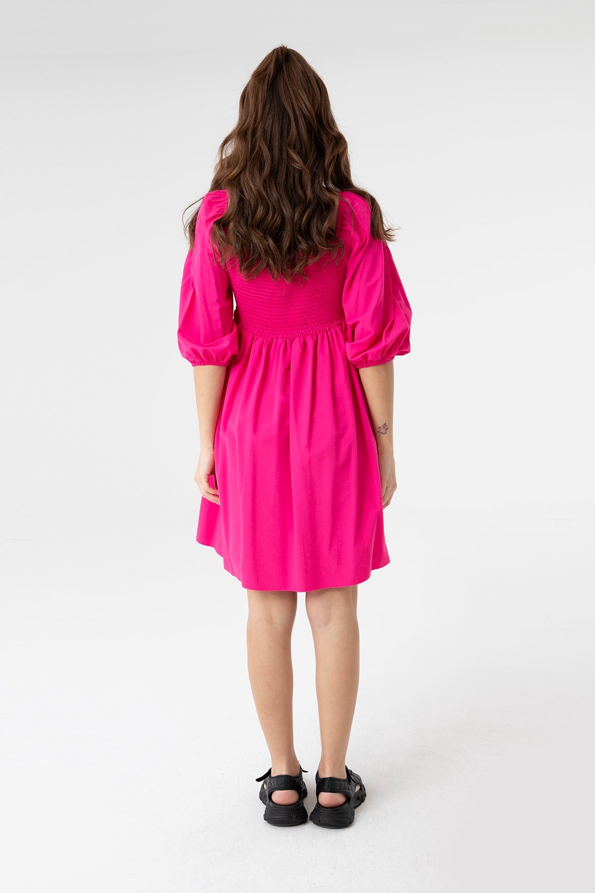 Kadın V Yaka Balon Kol Büzgülü Mini Elbise-31153ELB FUCHSIA