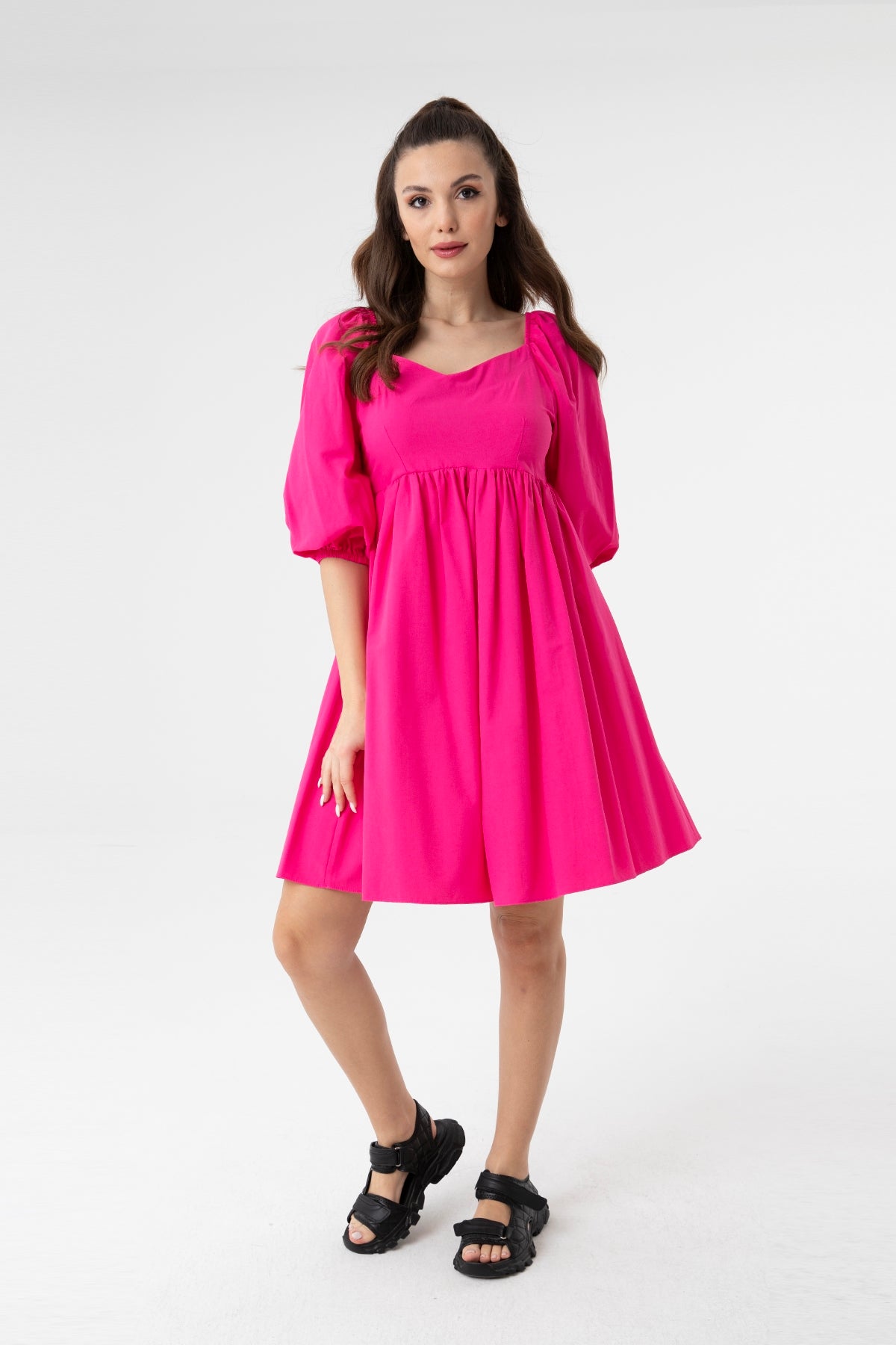 Kadın V Yaka Balon Kol Büzgülü Mini Elbise-31153ELB FUCHSIA