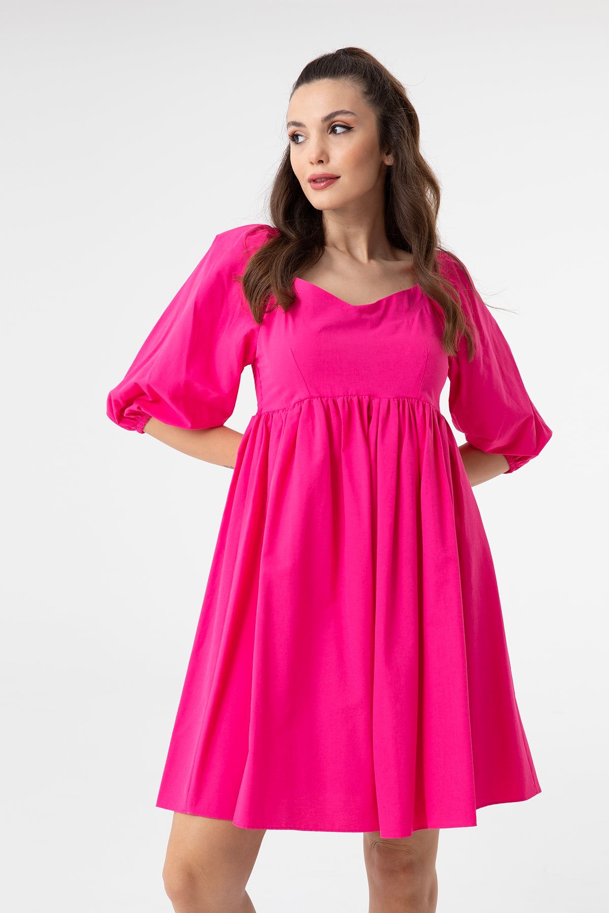 Kadın V Yaka Balon Kol Büzgülü Mini Elbise-31153ELB FUCHSIA
