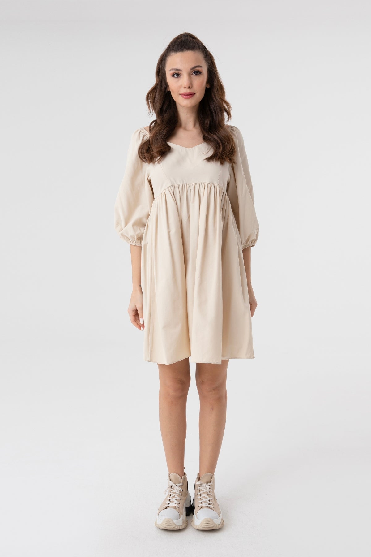 Kadın V Yaka Balon Kol Büzgülü Mini Elbise-31153ELB BEIGE